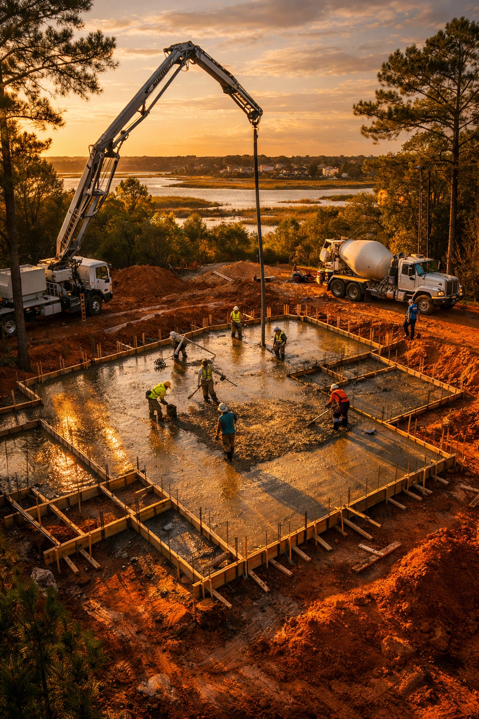 Foundation being poured at custom home construction site in coastal North Carolina