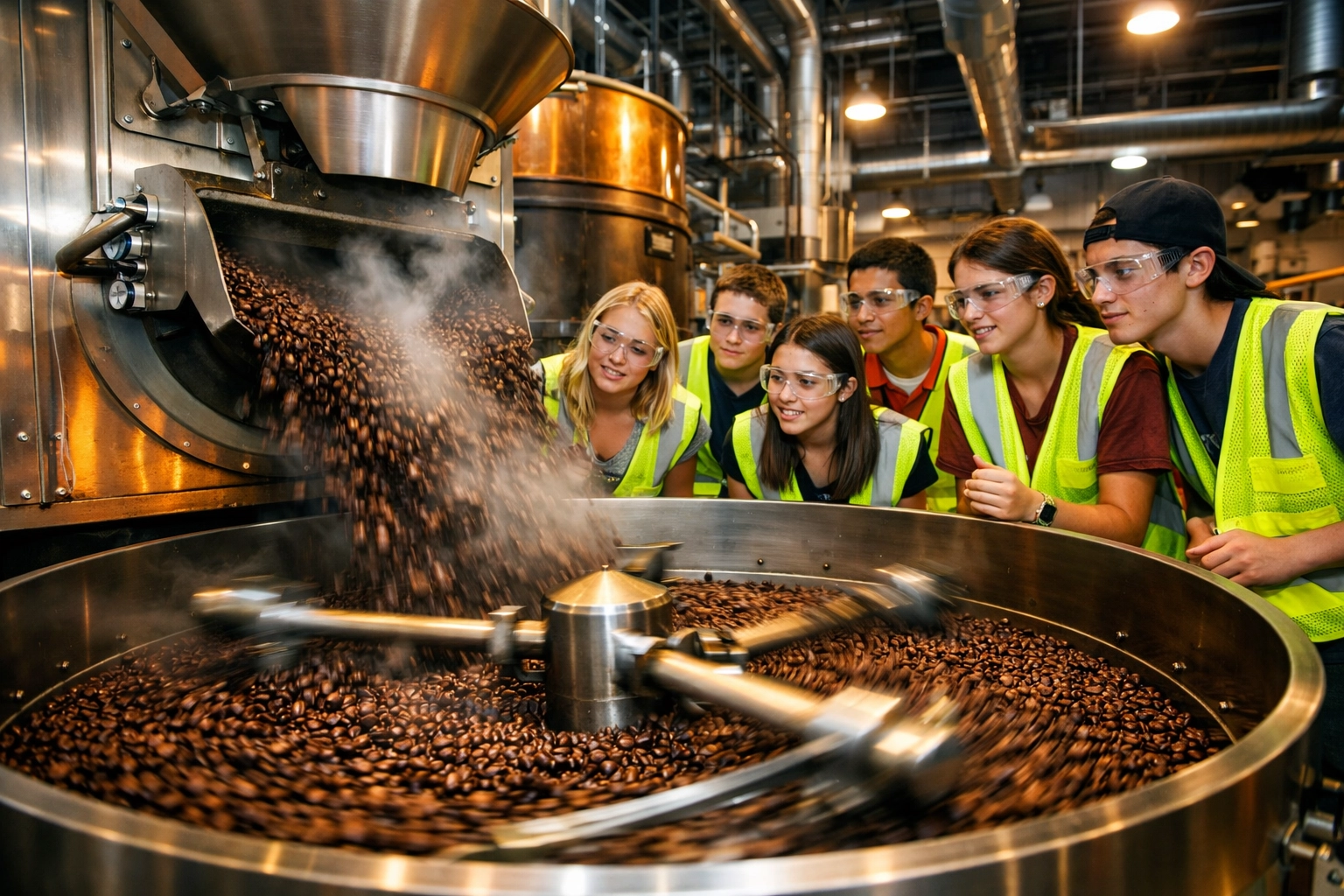 High school students in safety gear watching an industrial coffee roaster discharge freshly roasted beans.