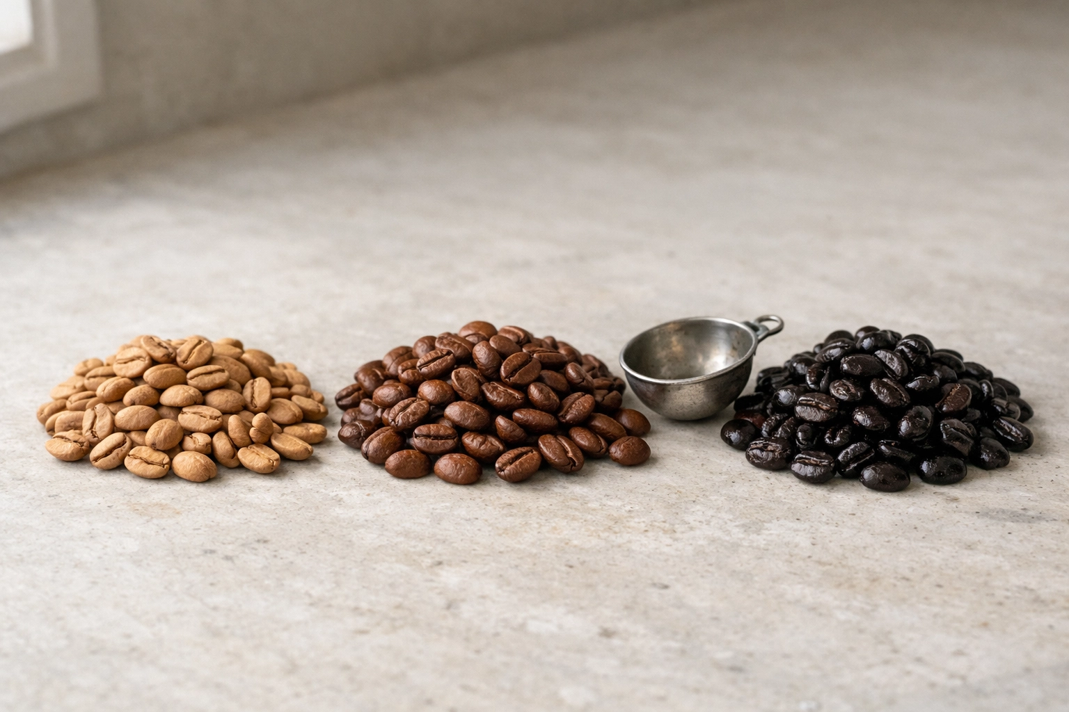 Comparison of light, medium, and dark roast coffee beans to show espresso roast level differences.