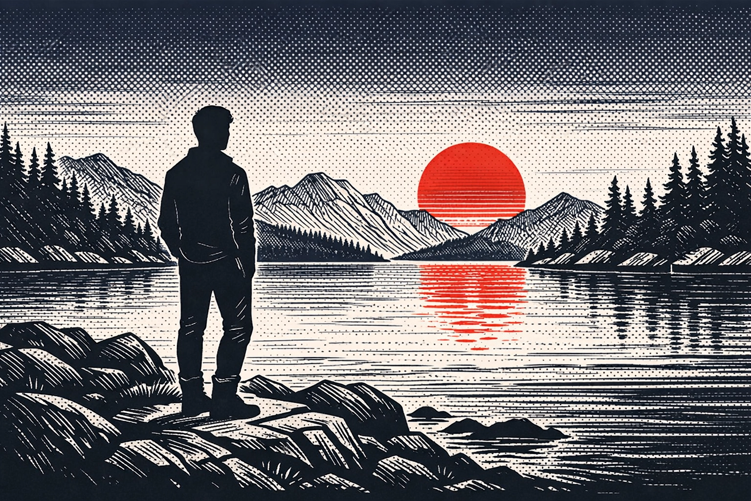 Silhouette of a man by a B.C. lakeshore, representing restored health and life after a genetic cure.