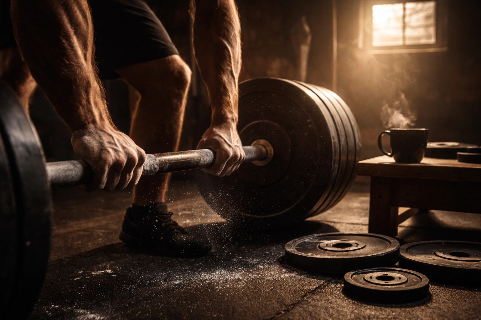 Chalked hands gripping a loaded barbell at dawn with performance coffee in a garage gym