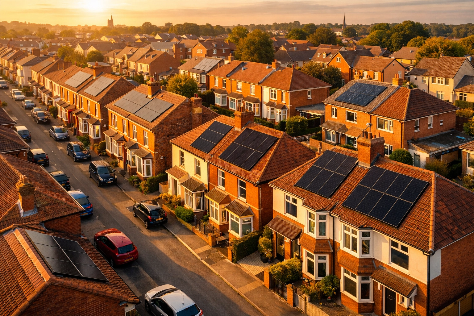 Aerial view of Fareham residential street with solar panels on terraced and semi-detached houses