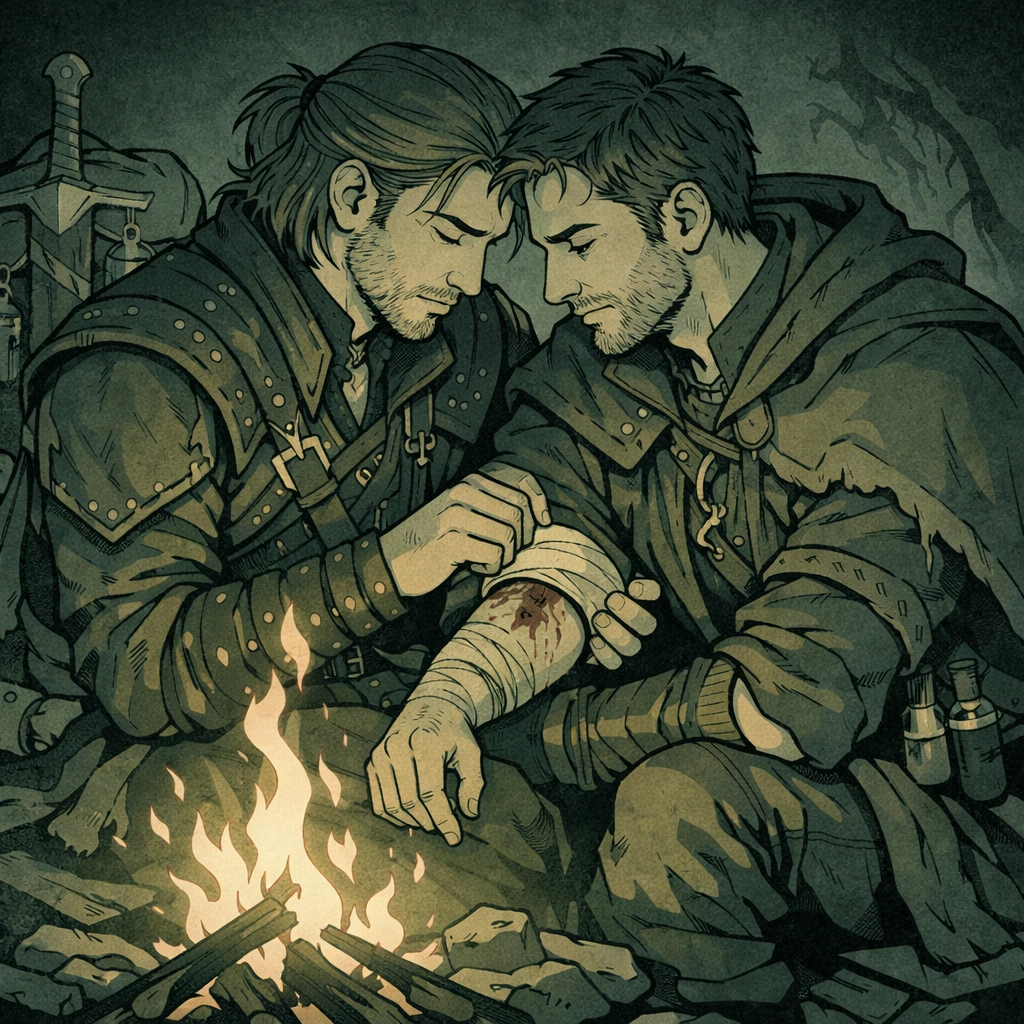 Gay fantasy couple share intimate campfire moment while monster hunting
