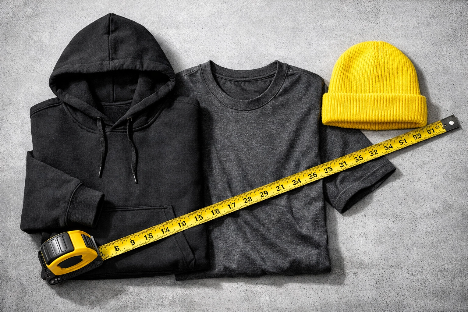 Diverse range of custom workwear including hoodies and tees with a measuring tape for 4XL sizing.