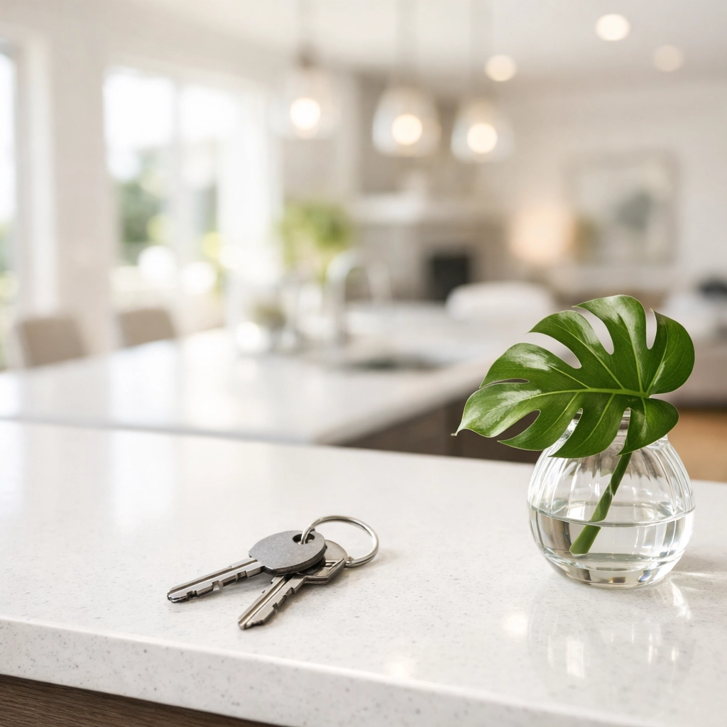 Luxury kitchen interior with house keys on a white quartz island, representing Palm Beach homeownership.