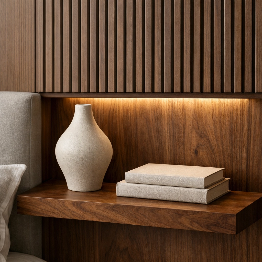 Custom walnut bedside shelf and fluted wood panelling by interior designers in Derby.
