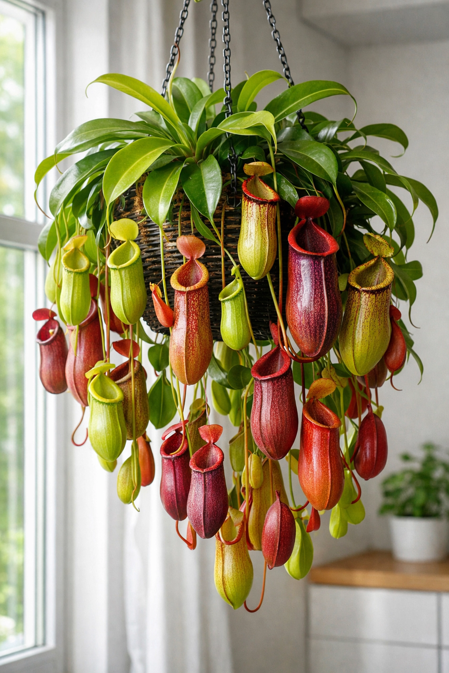 Tropical pitcher plants in hanging basket near bright window for indoor growing