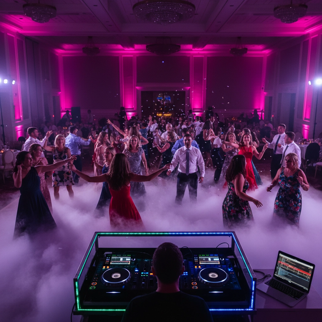 DJ playing music as a crowd dances energetically in a ballroom with pink lighting. Fog covers the dance floor, creating a lively atmosphere.