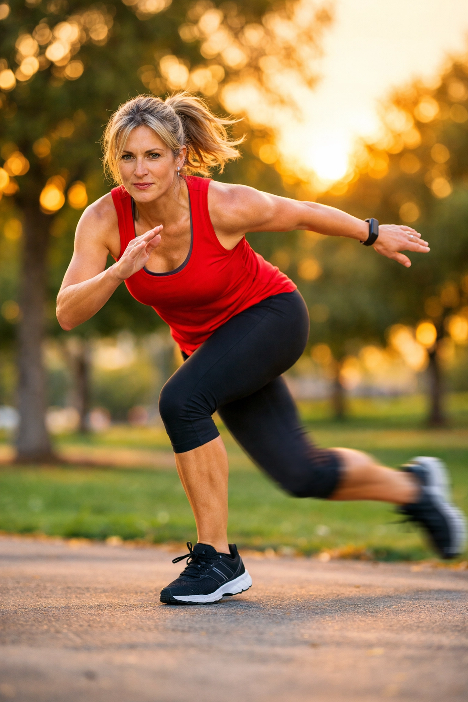 A woman in her 40s doing lateral skater jumps to maintain athletic power and balance outdoors.