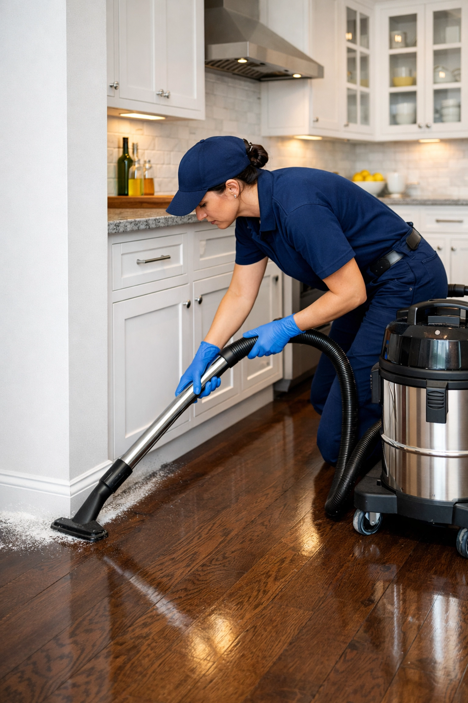 Professional post-construction cleaning services removing drywall dust from a modern Massachusetts kitchen.