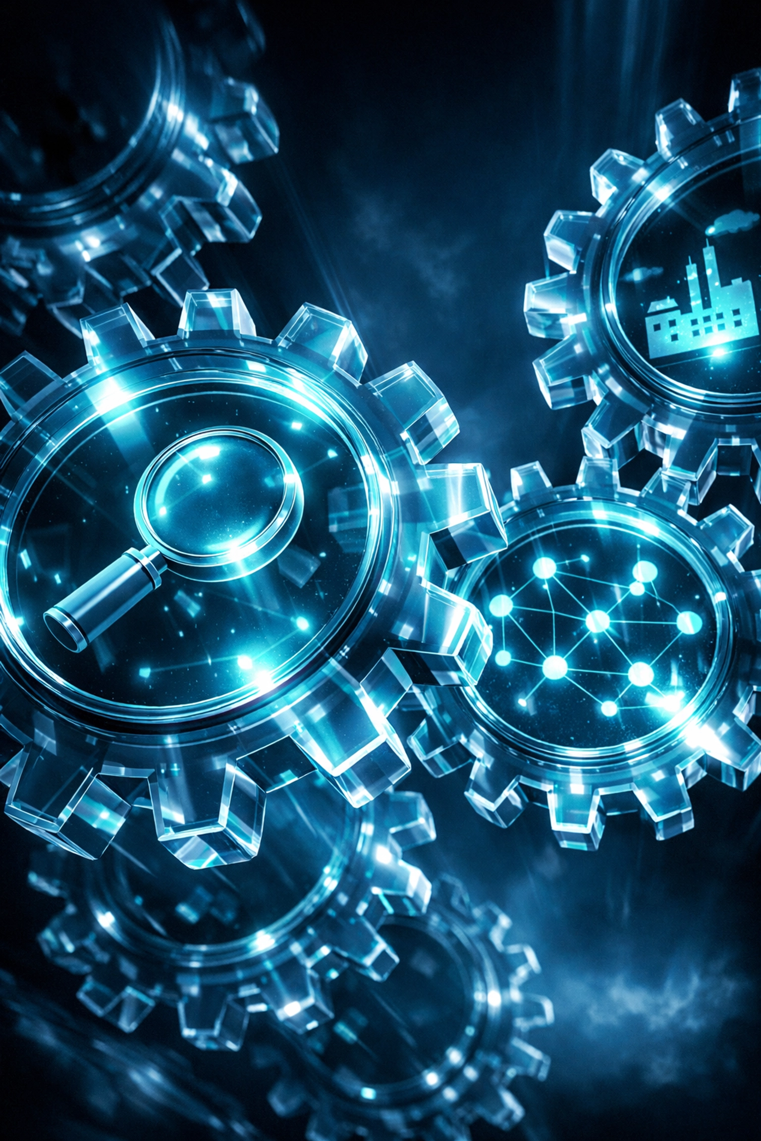 Synchronized digital gears representing a manufacturing lead generation flywheel and high-ROI marketing strategy.