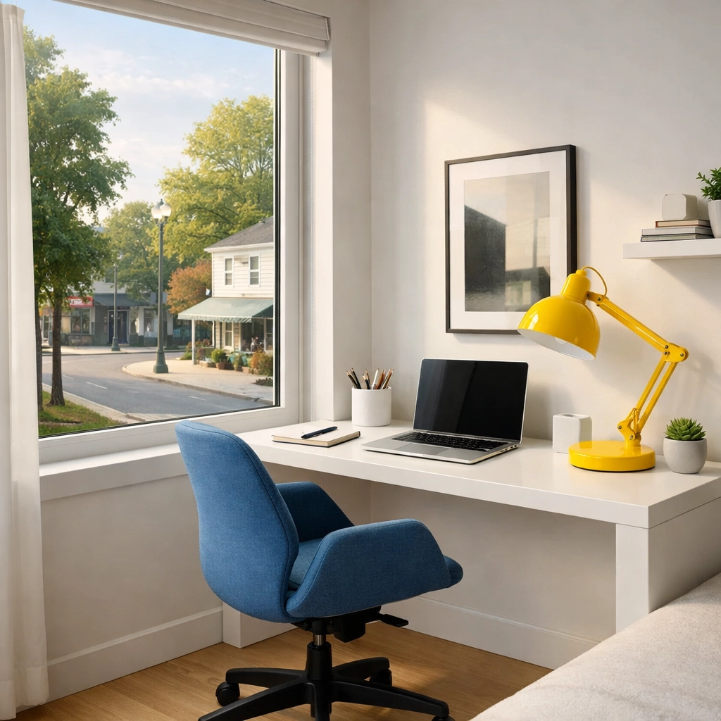 Organized home office in a spotless apartment following a recurring bi-weekly house cleaning service.