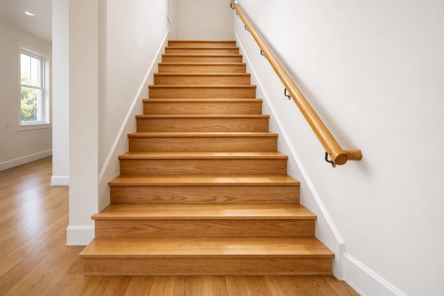 A clean, clutter-free wooden staircase with a sturdy handrail and bright natural lighting.
