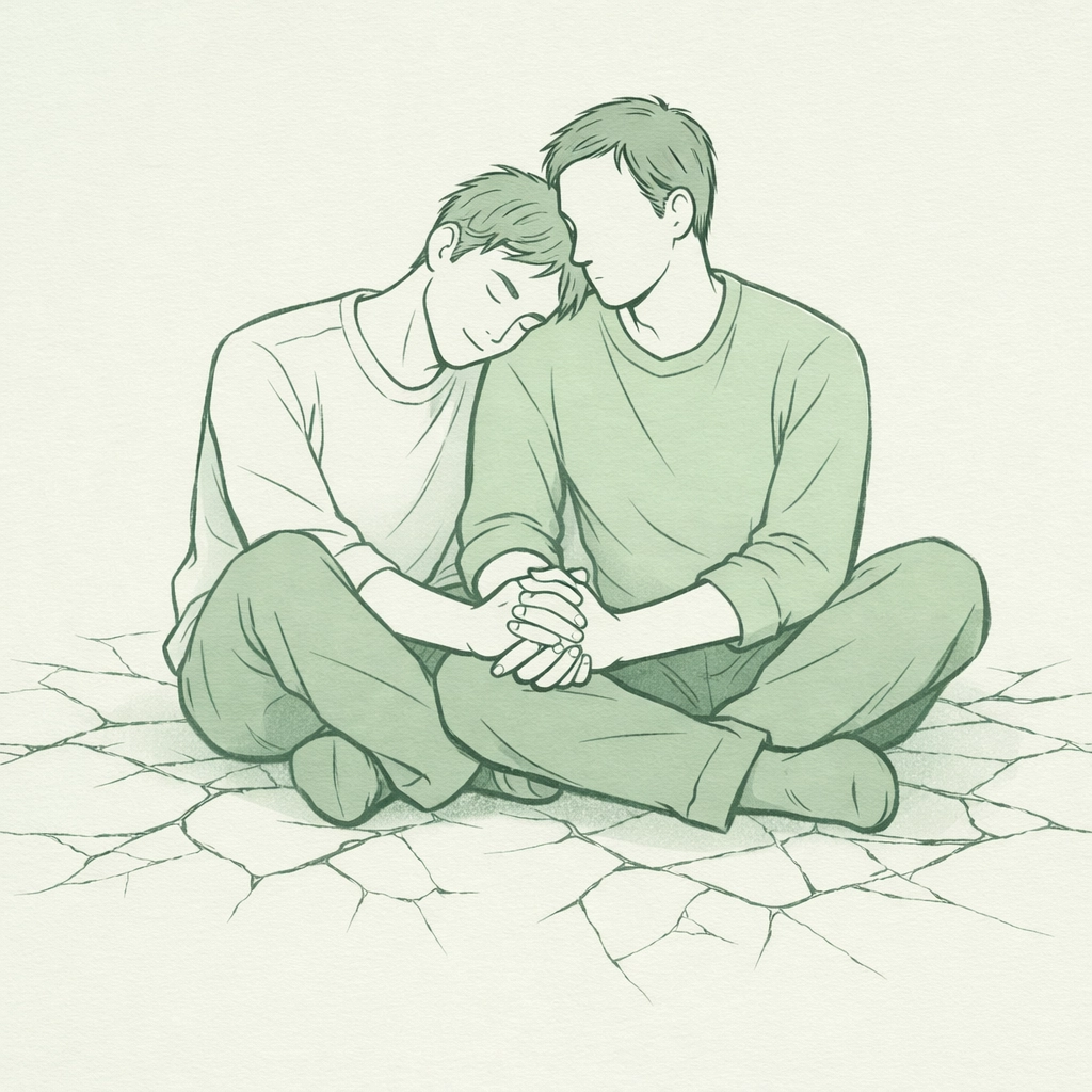 Two men holding hands and supporting each other, symbolizing deep character growth and resilience in MM fiction.