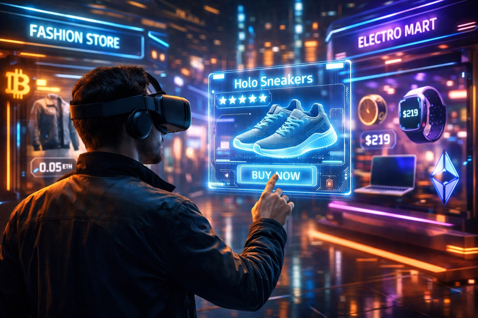 Shopper in VR headset interacting with holographic products in metaverse virtual storefront