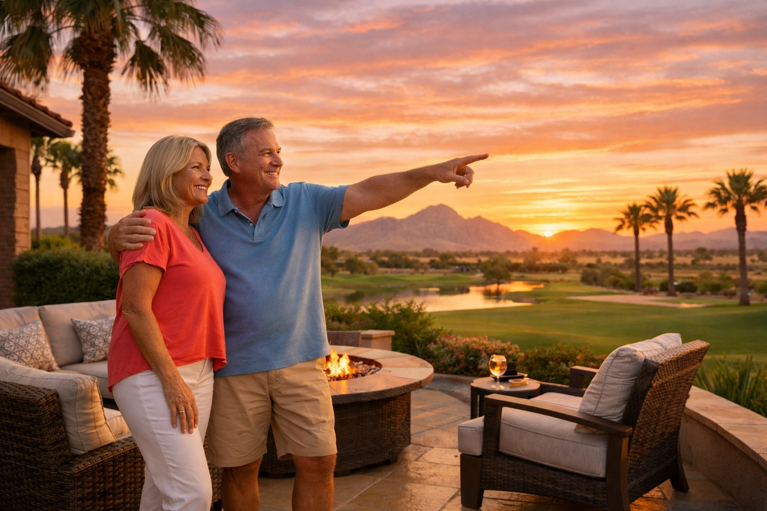 Active adult couple enjoying 55+ community patio overlooking Phoenix golf course at sunset