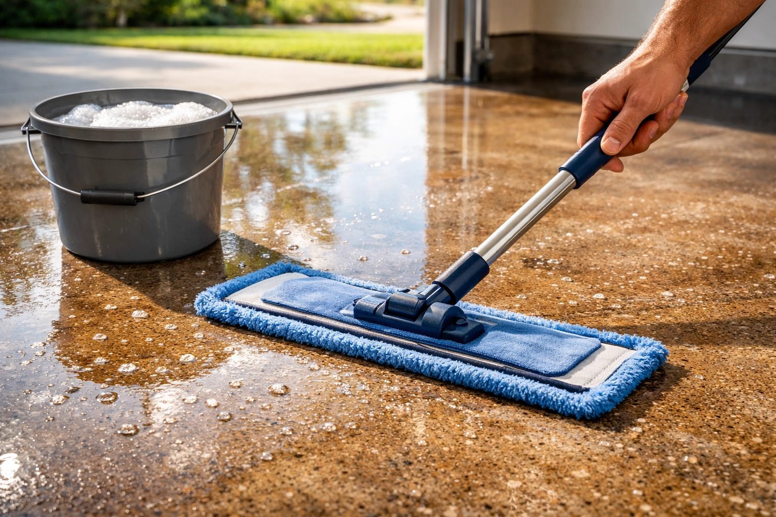Easy maintenance of garage epoxy floor coating with mop and cleaning solution