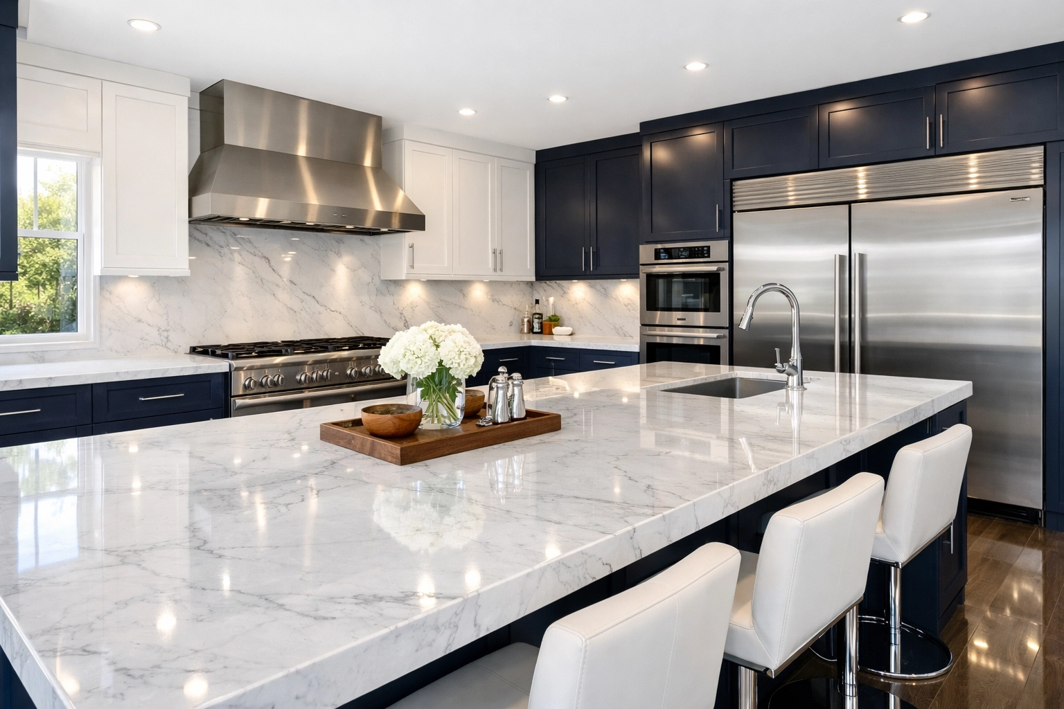 Spotless modern kitchen in Carlisle with marble counters and navy blue cabinets after deep cleaning.