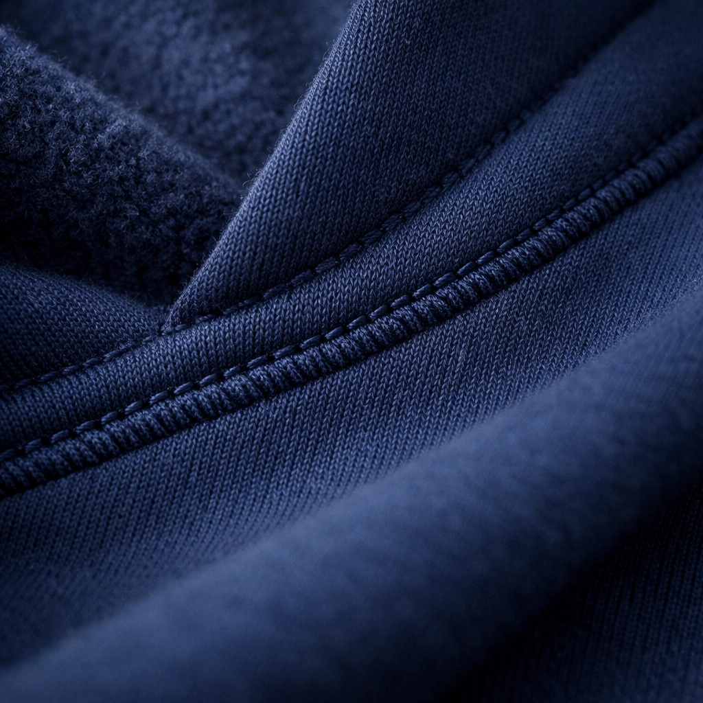 Close-up of flat seamless construction in sensory friendly hoodie fabric