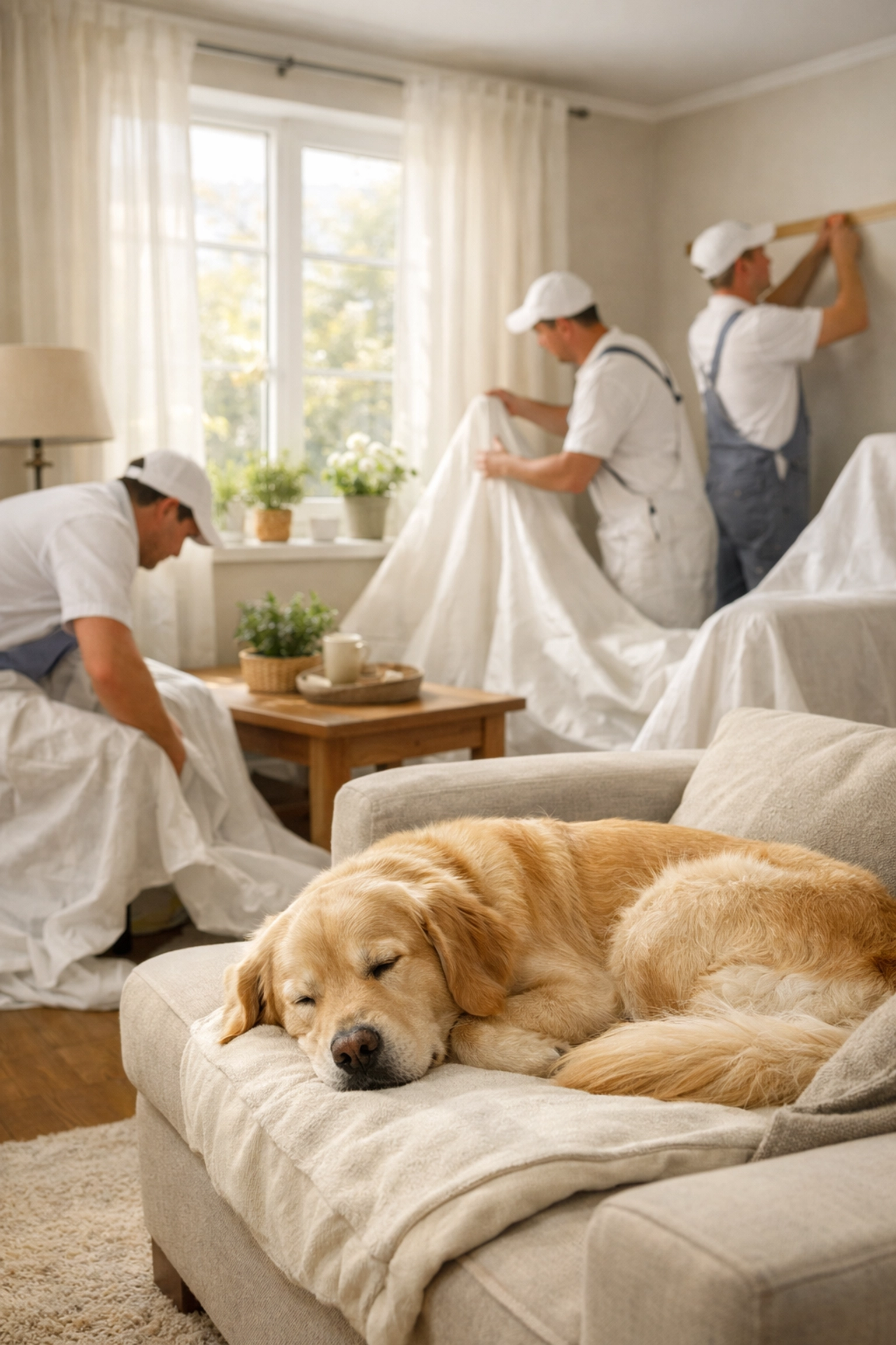 Professional painting crew working quietly in Atlanta home while dog rests peacefully on couch