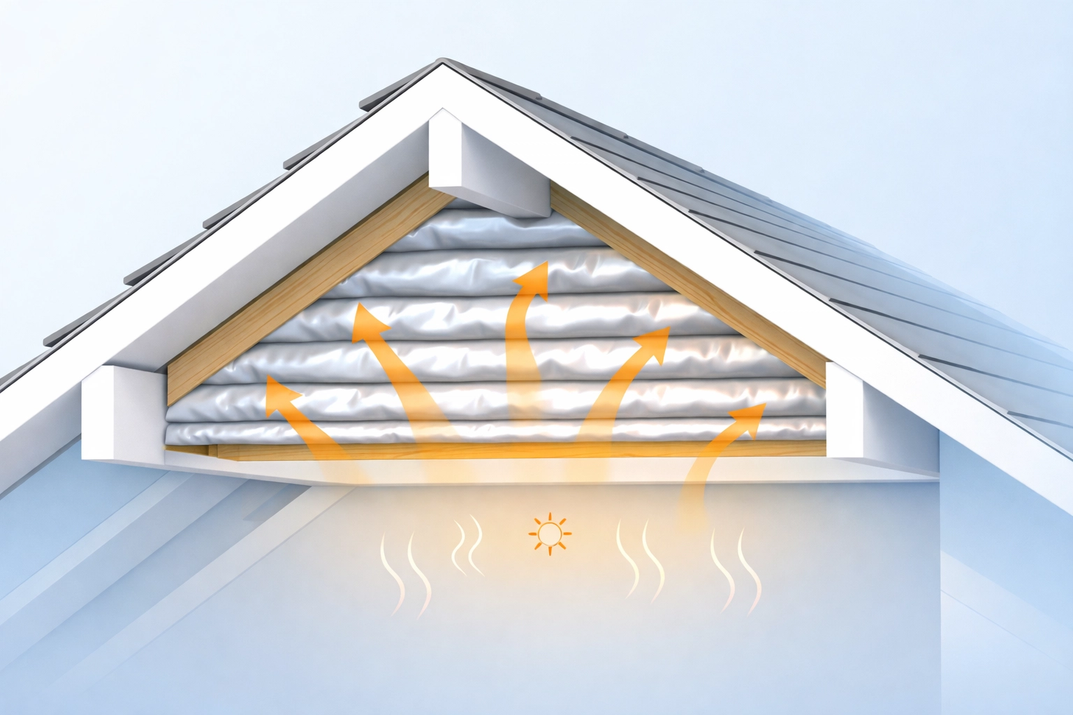 Diagram showing layers of multifoil insulation installed between roof rafters in a London flat.