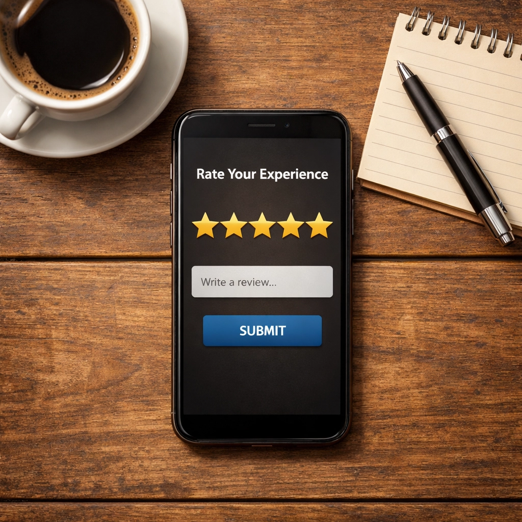 Five-star customer review on smartphone screen for online reputation management