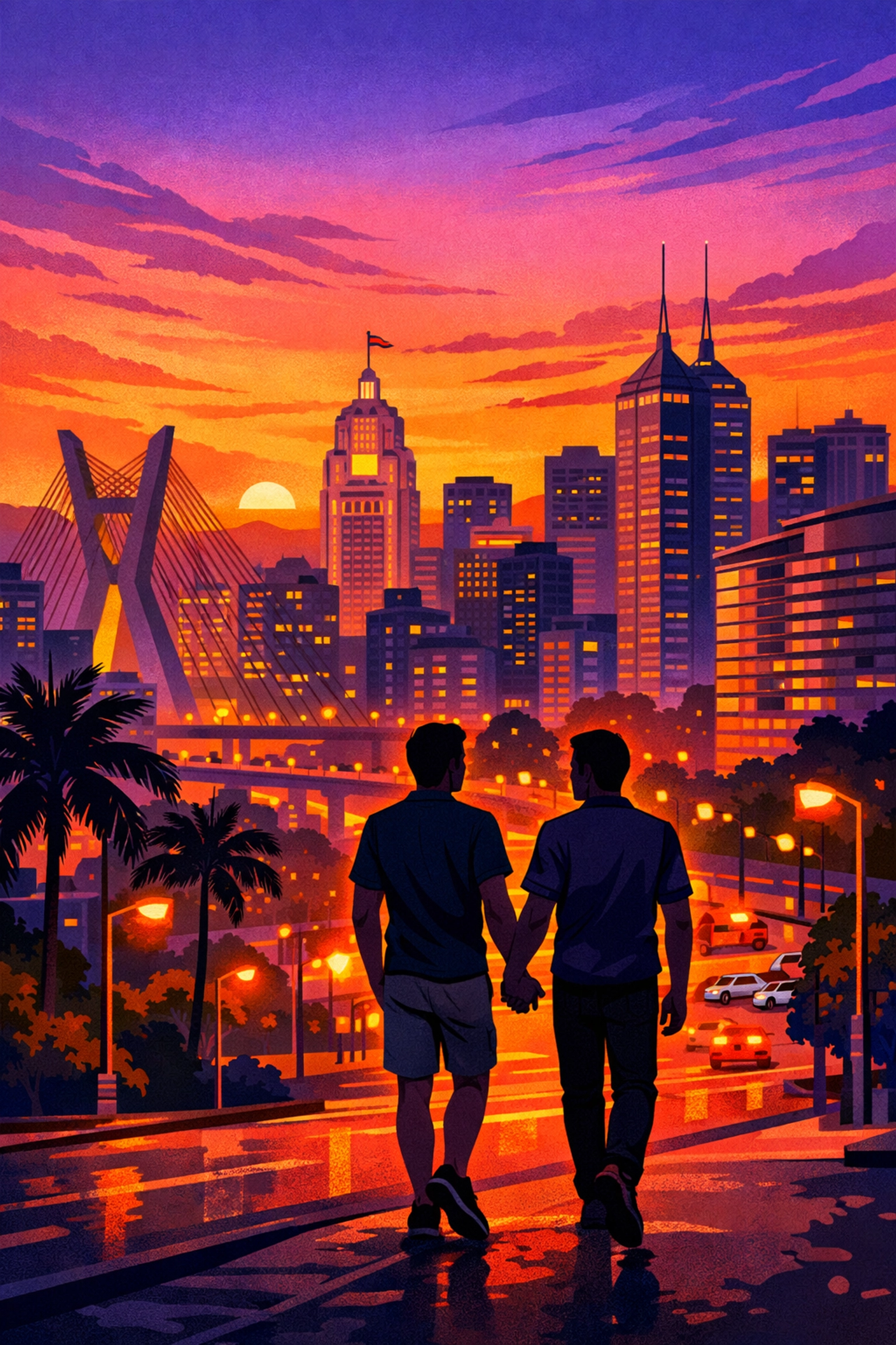 São Paulo skyline at dusk with gay couple walking hand-in-hand through city streets