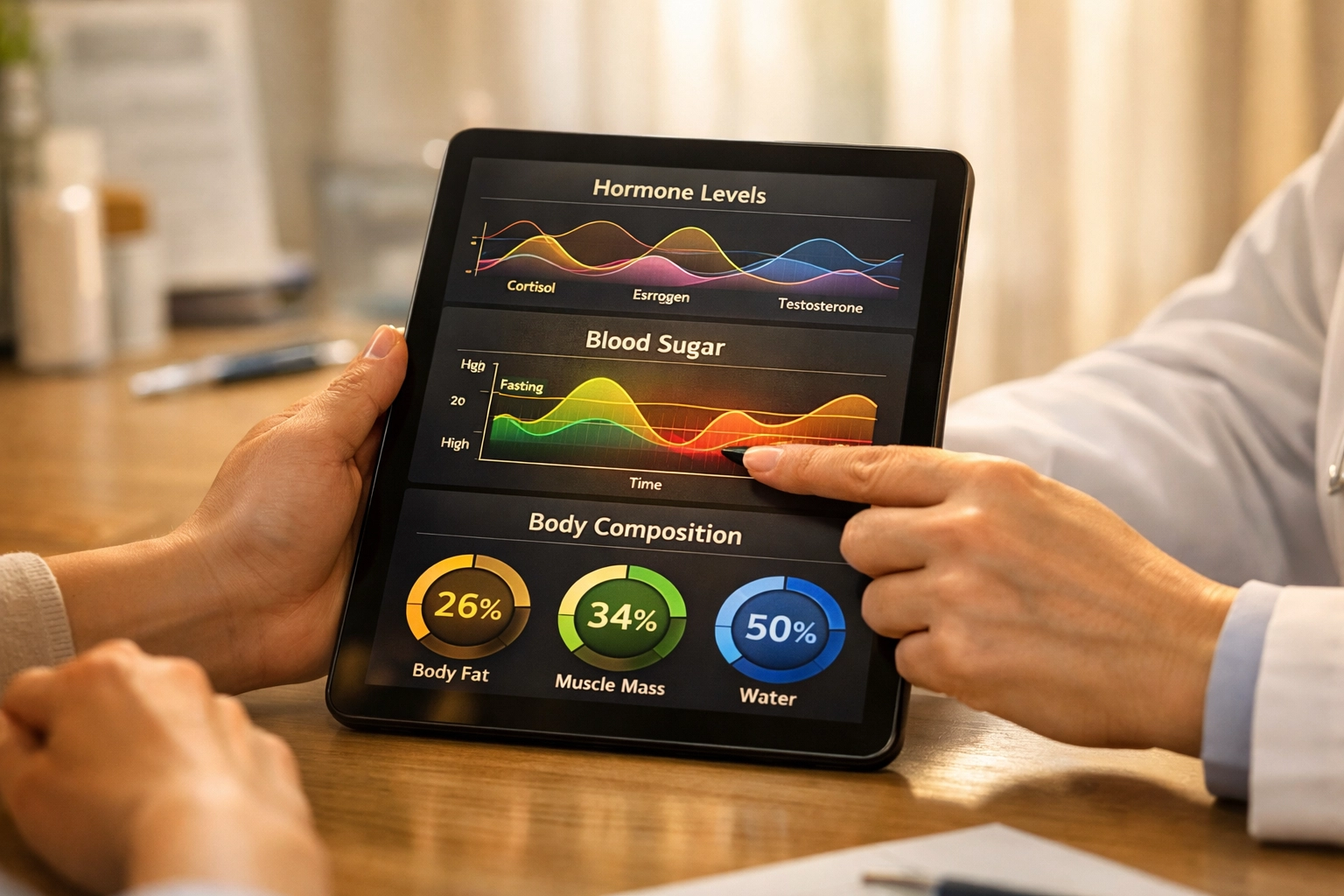 Healthcare provider reviewing metabolic health data and body composition charts during weight loss consultation