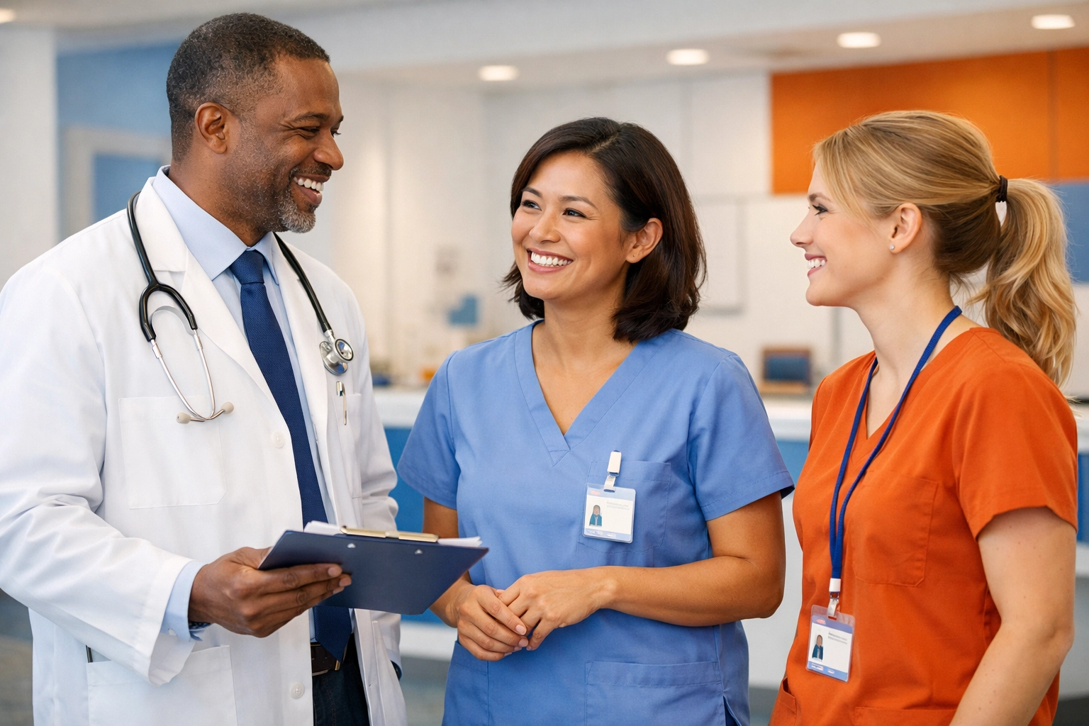 Diverse healthcare team collaborating in modern medical facility showing culture fit