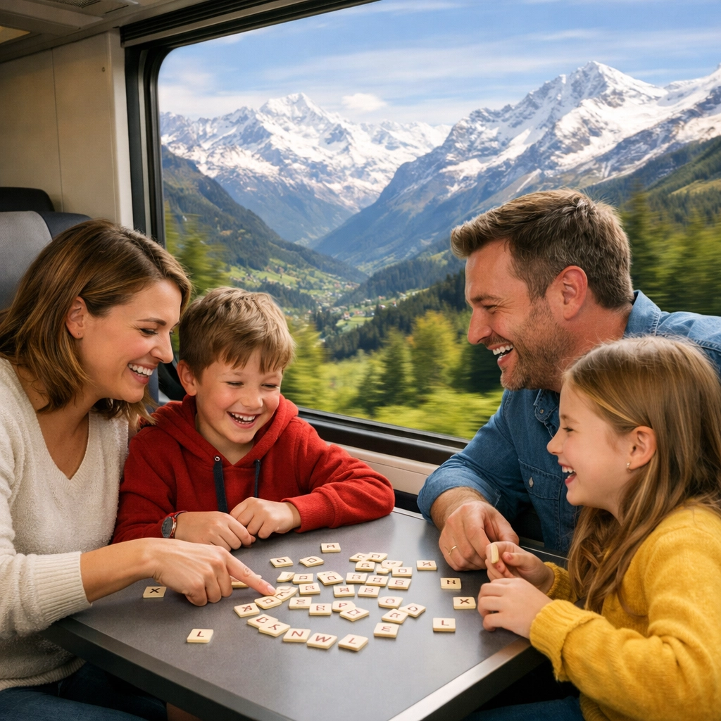 Family playing educational travel games while on a scenic train ride through the Swiss Alps.