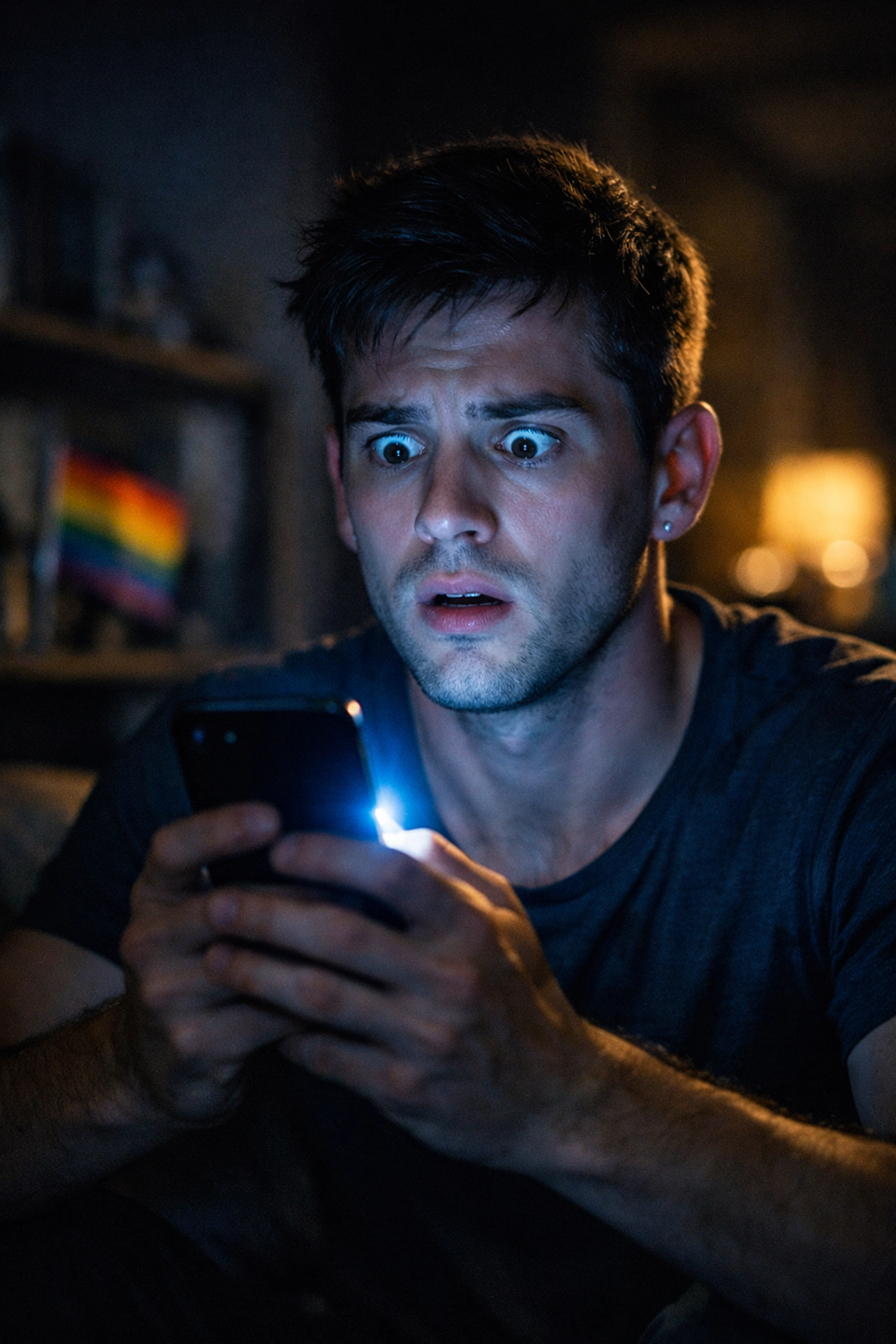 A shocked gay man looks at his glowing phone after an accidental social media outing.