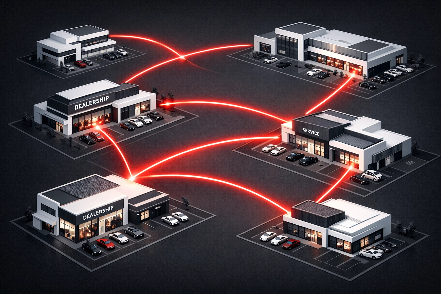 Modern dealerships connected by a digital network to streamline recall management and inventory logistics.