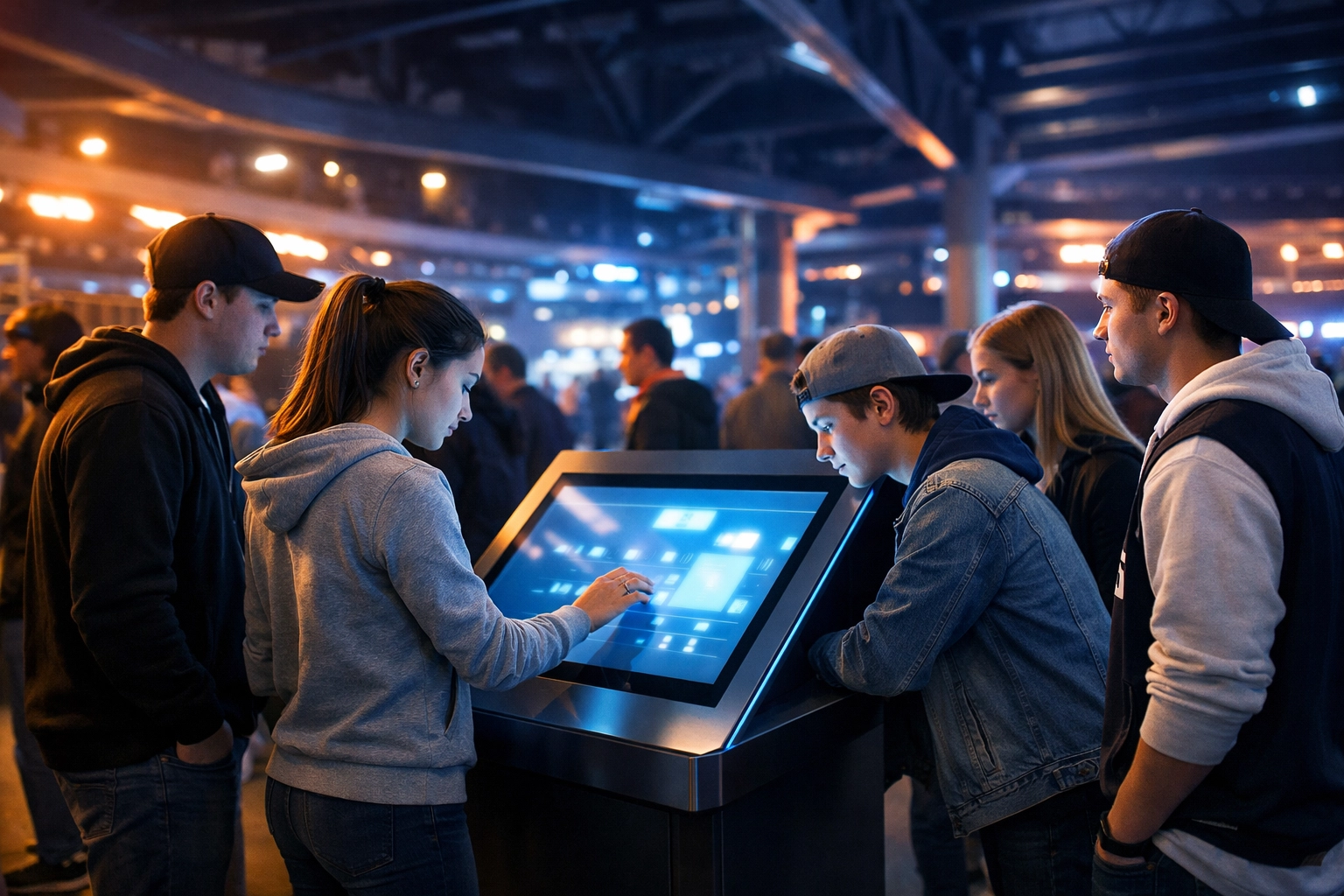 Fans engaging with an interactive brand activation kiosk to boost sports advertising network ROI at a stadium.