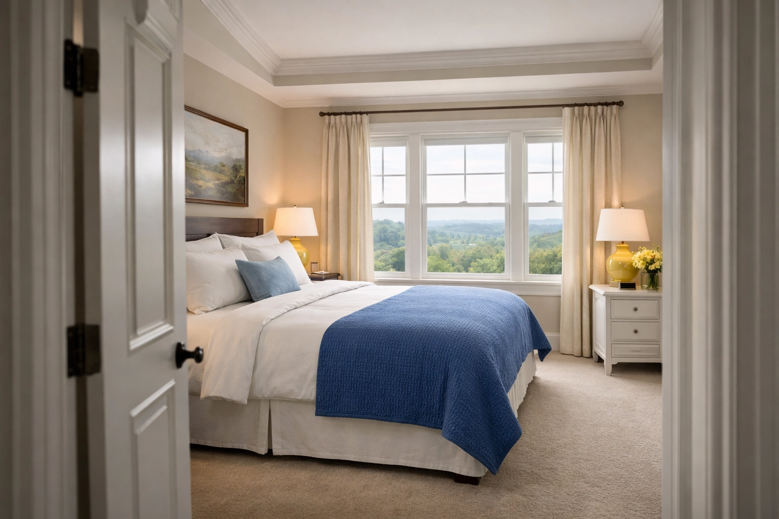 Serene master bedroom after a professional house cleaning in Marlborough providing a stress-free sanctuary.