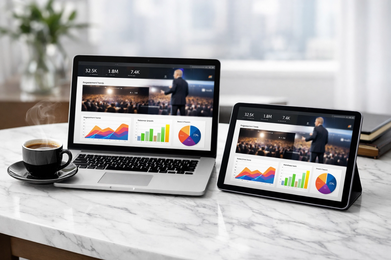 Modern executive desk with a laptop displaying an automated speaker social proof dashboard.