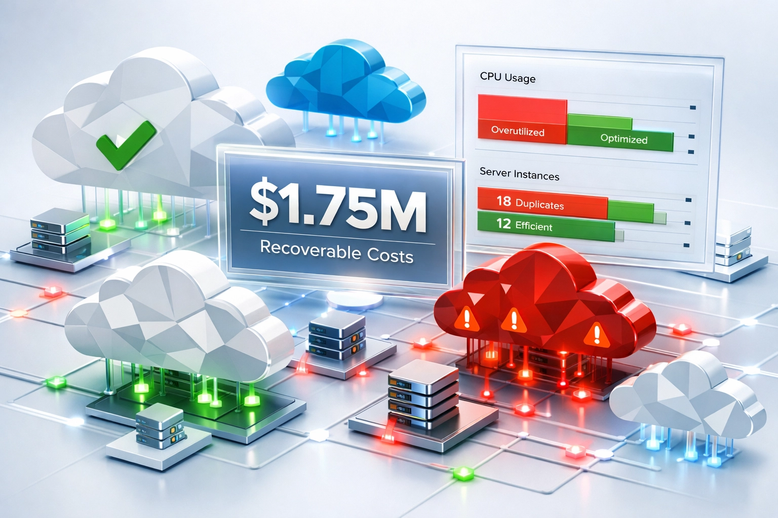 Cloud infrastructure waste visualization showing $1.75M recoverable costs through ServiceNow ITOM