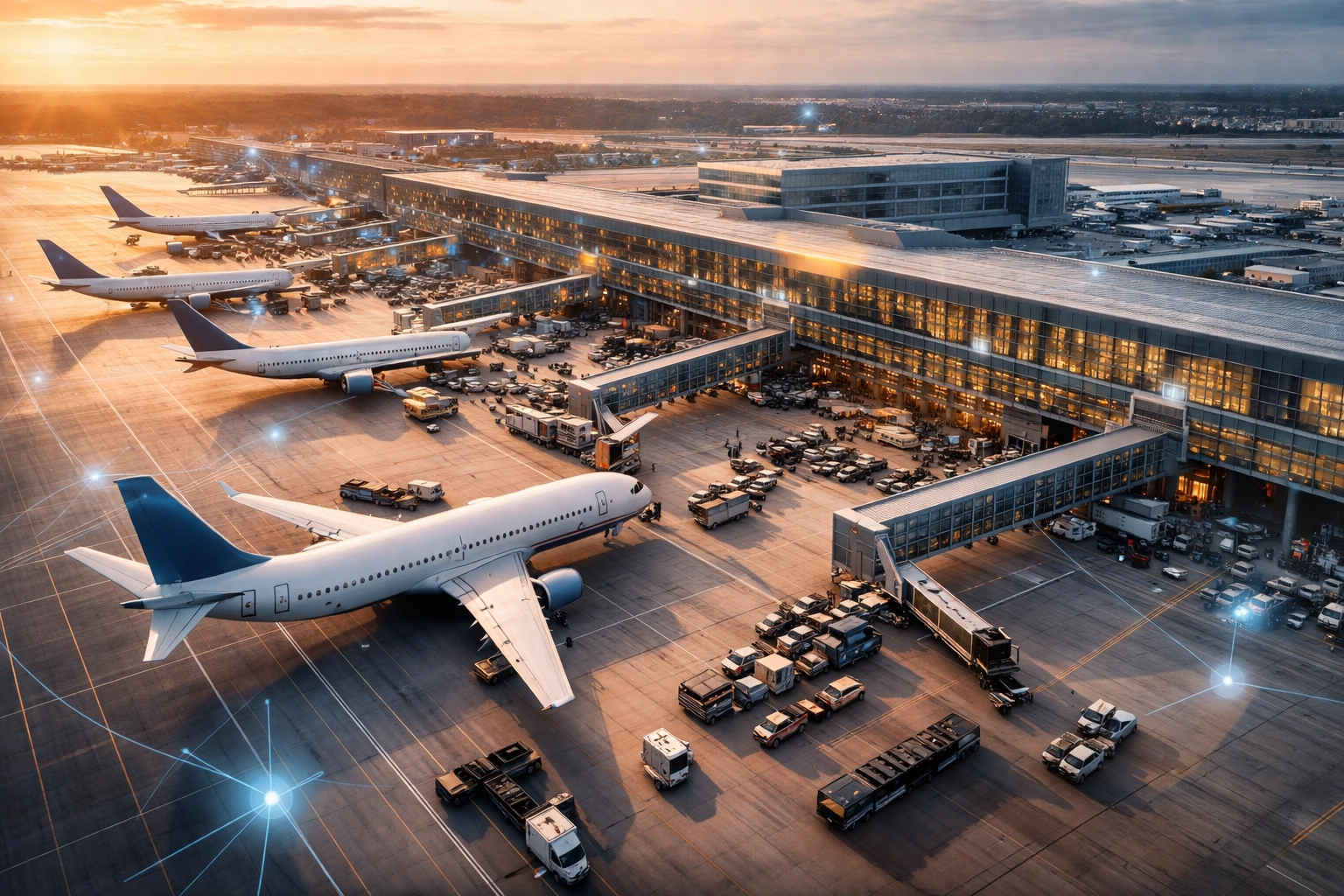 Aerial view of airport terminal with IoT sensor network for digital twin data collection