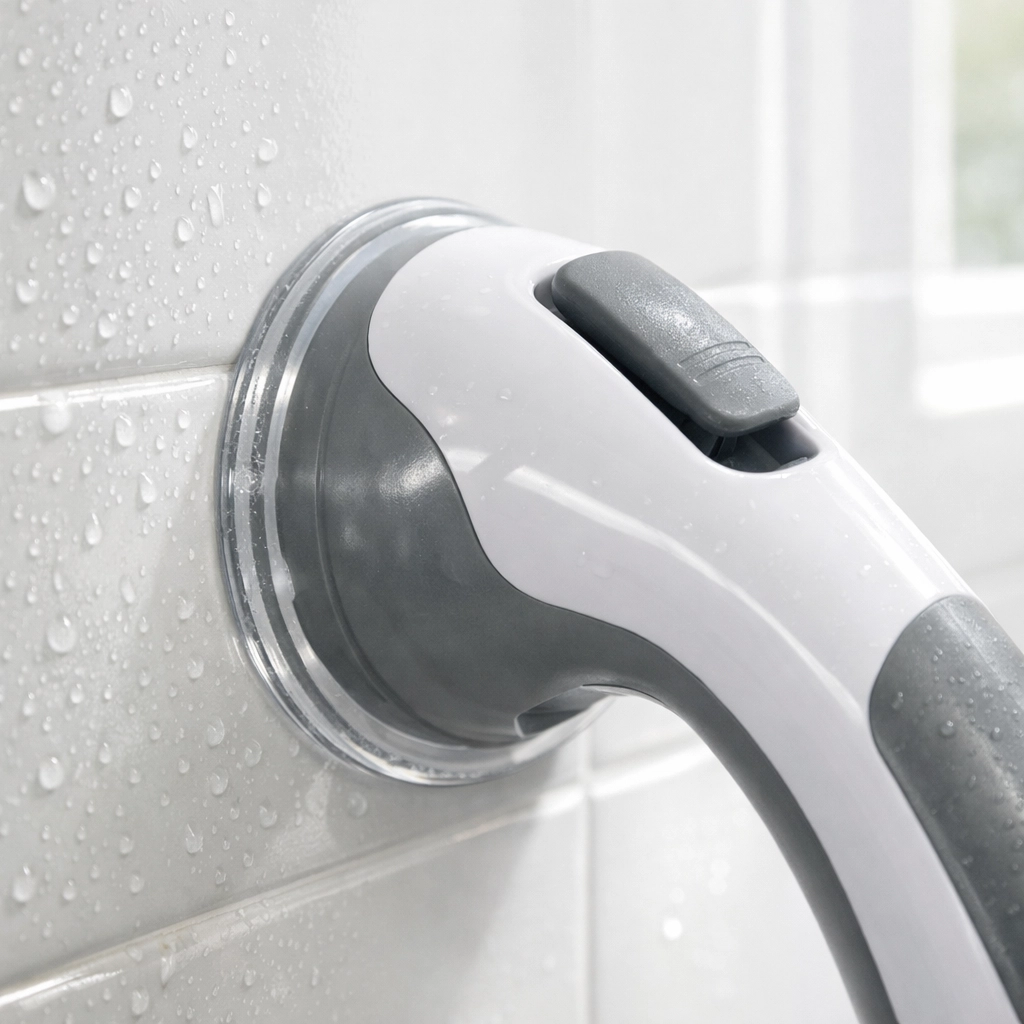 Suction-cup grab bar mounted on white bathroom tile for fall prevention and balance assistance.