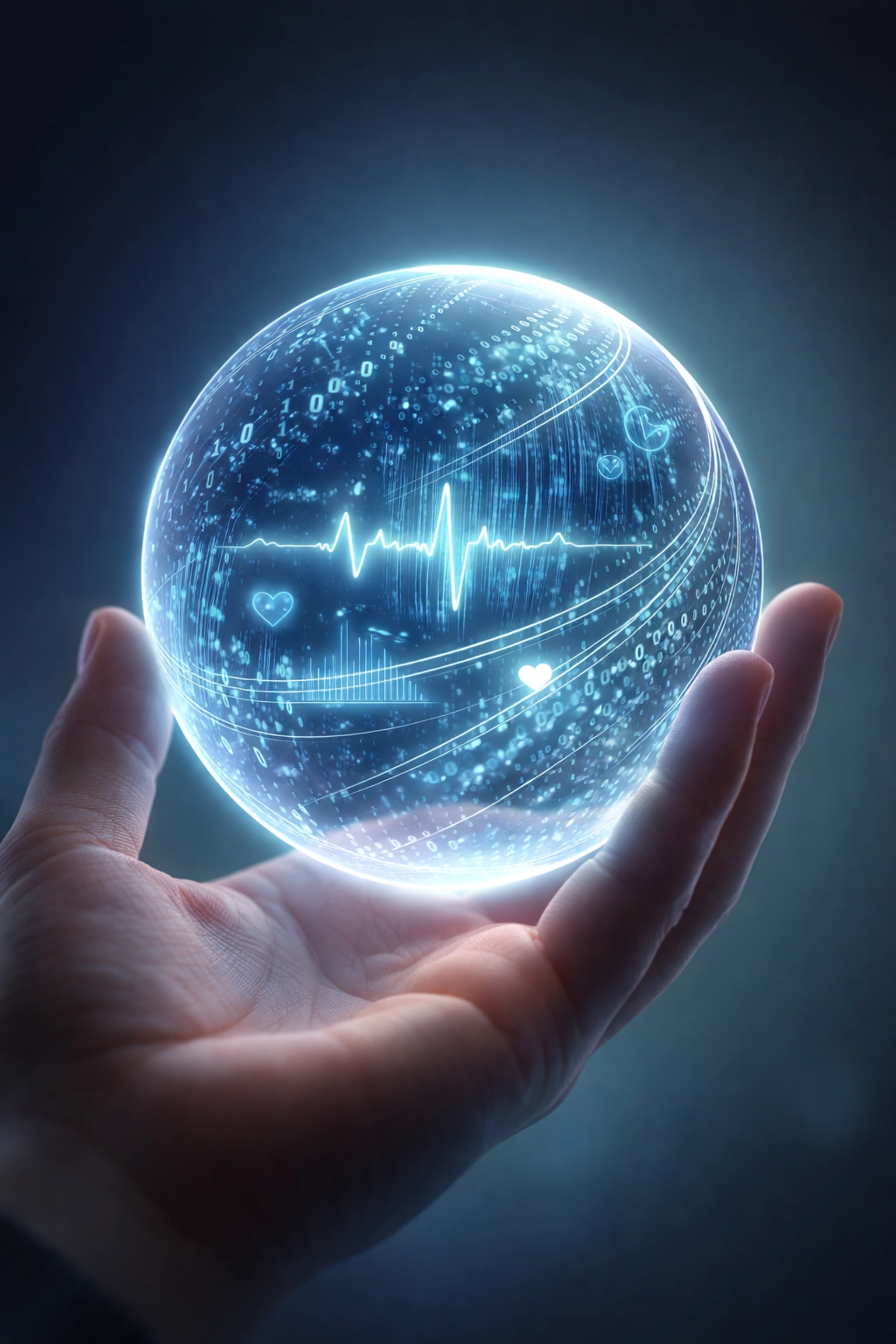A hand gently holding a glowing sphere with health data symbols, representing user control and ethical wearables data privacy.