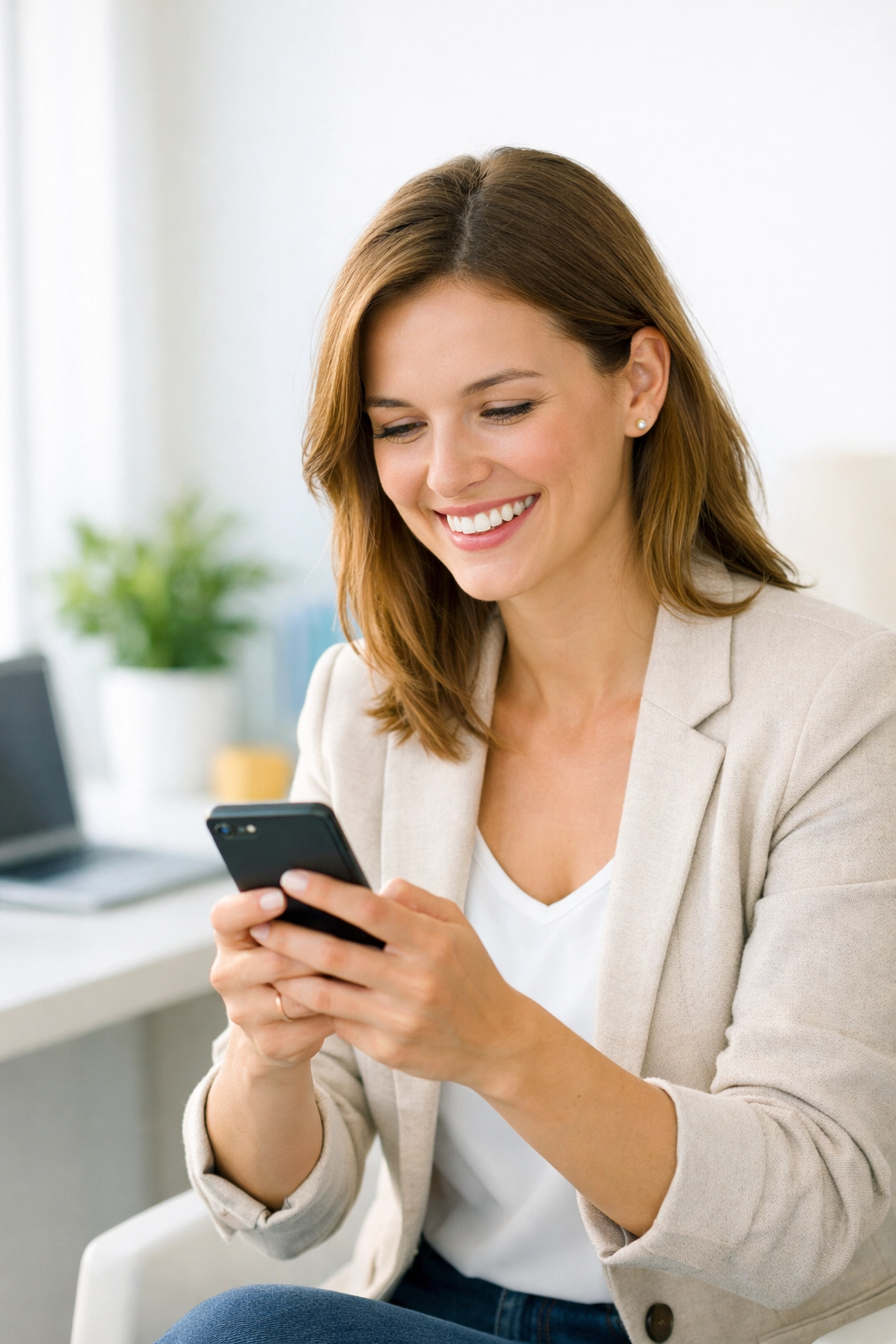 A smiling professional viewing a nonprofit text message on her smartphone in a bright office.