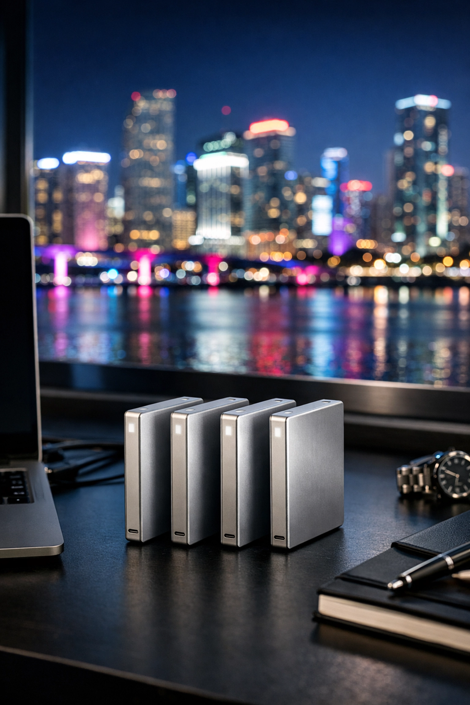 External SSD storage drives for a professional photography business with a Miami skyline background.