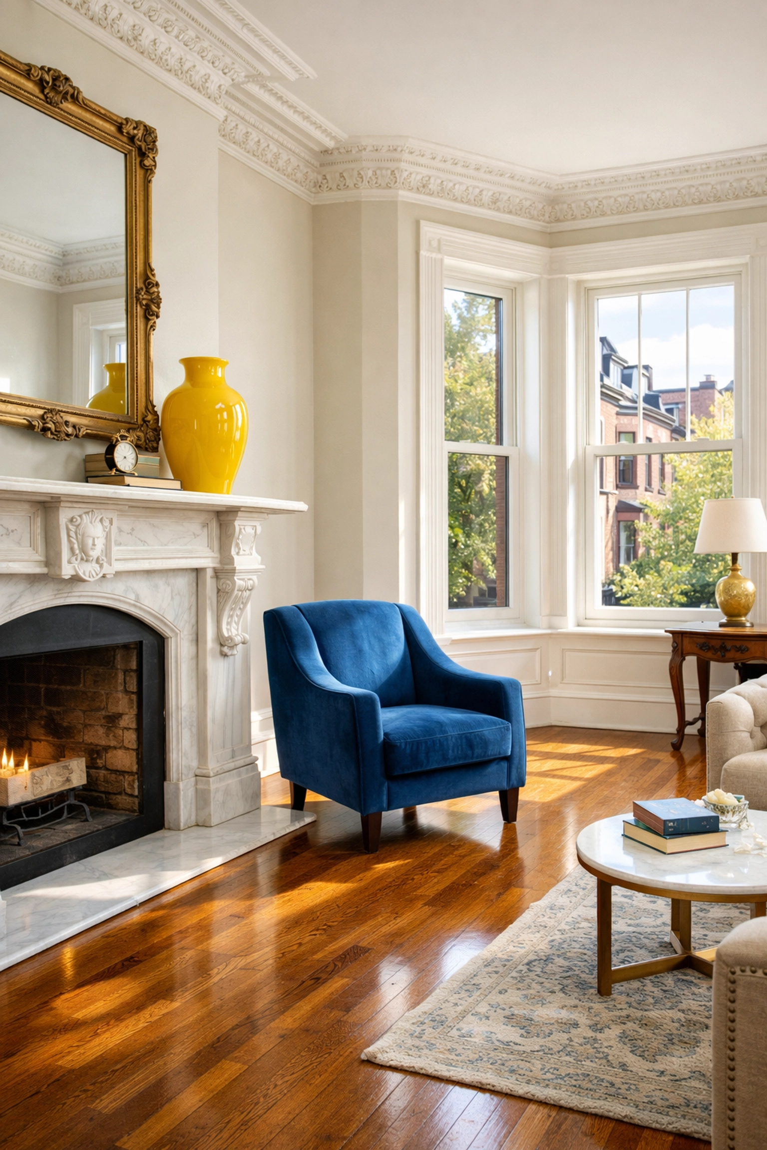 A spotless historic Boston brownstone interior with clean hardwood floors, perfect for apartment cleaning Boston.