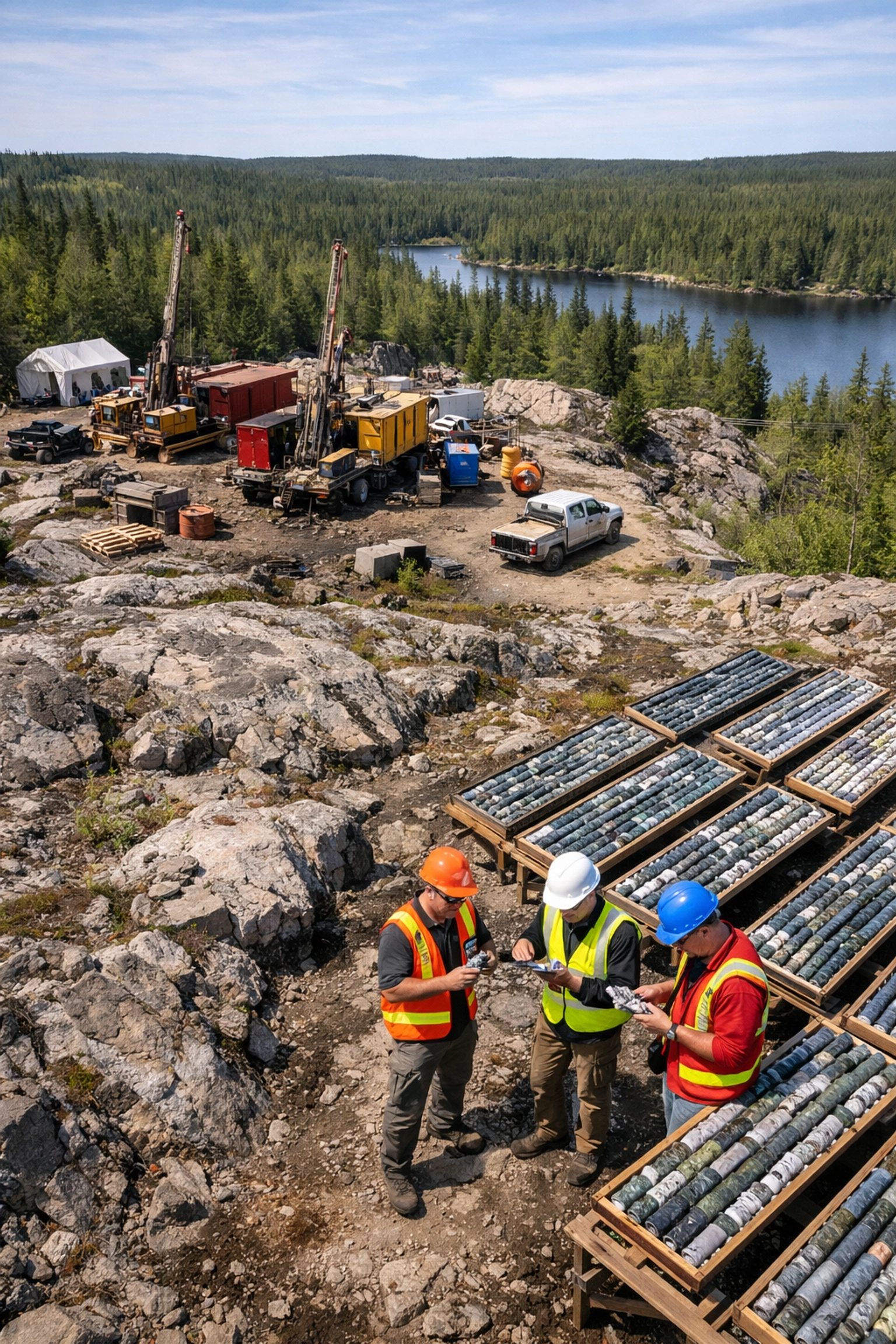 Active mineral exploration drilling site in Canadian Shield with geologists examining samples