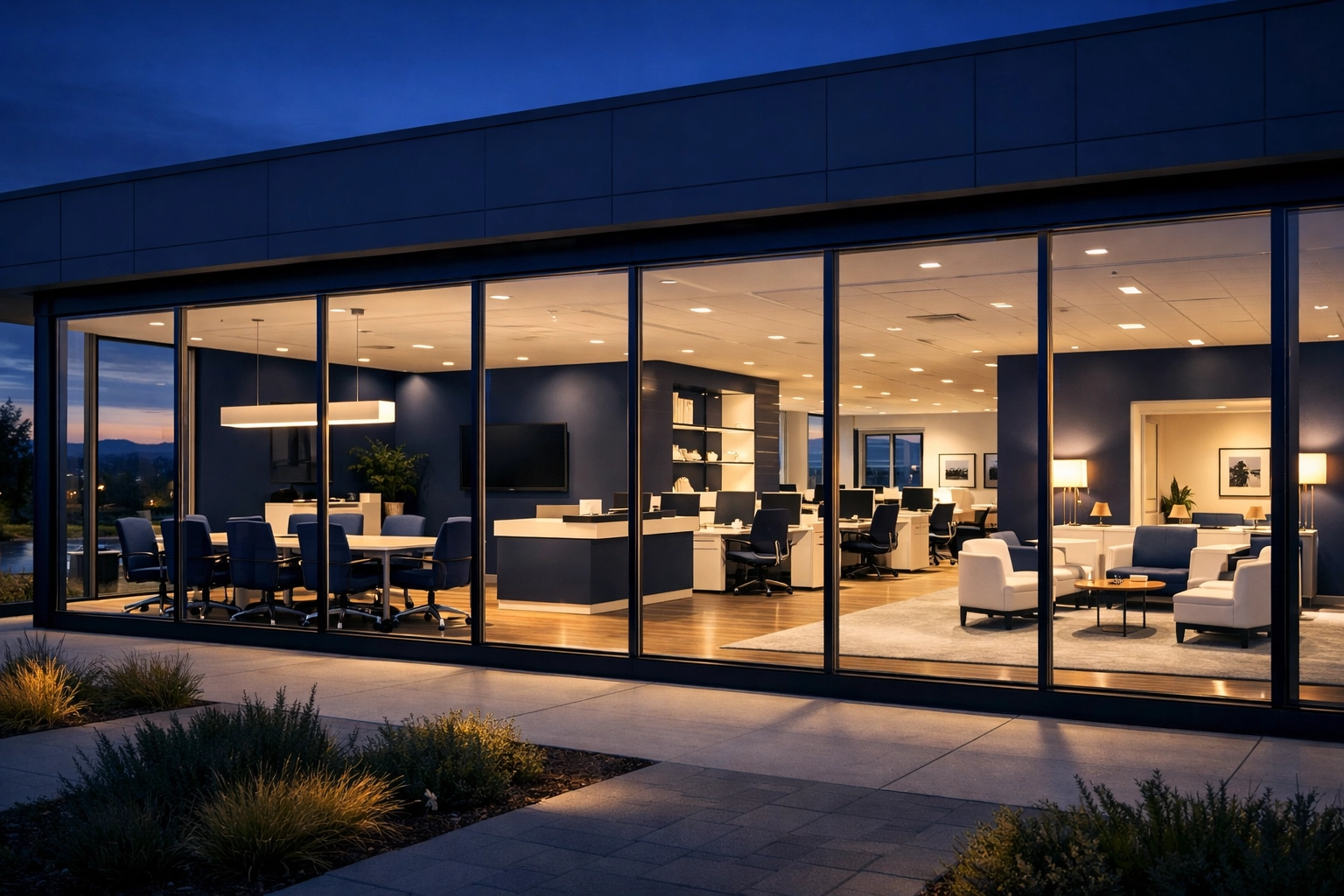 Spotless Marlborough office suite illuminated at night after a recurring professional cleaning service.