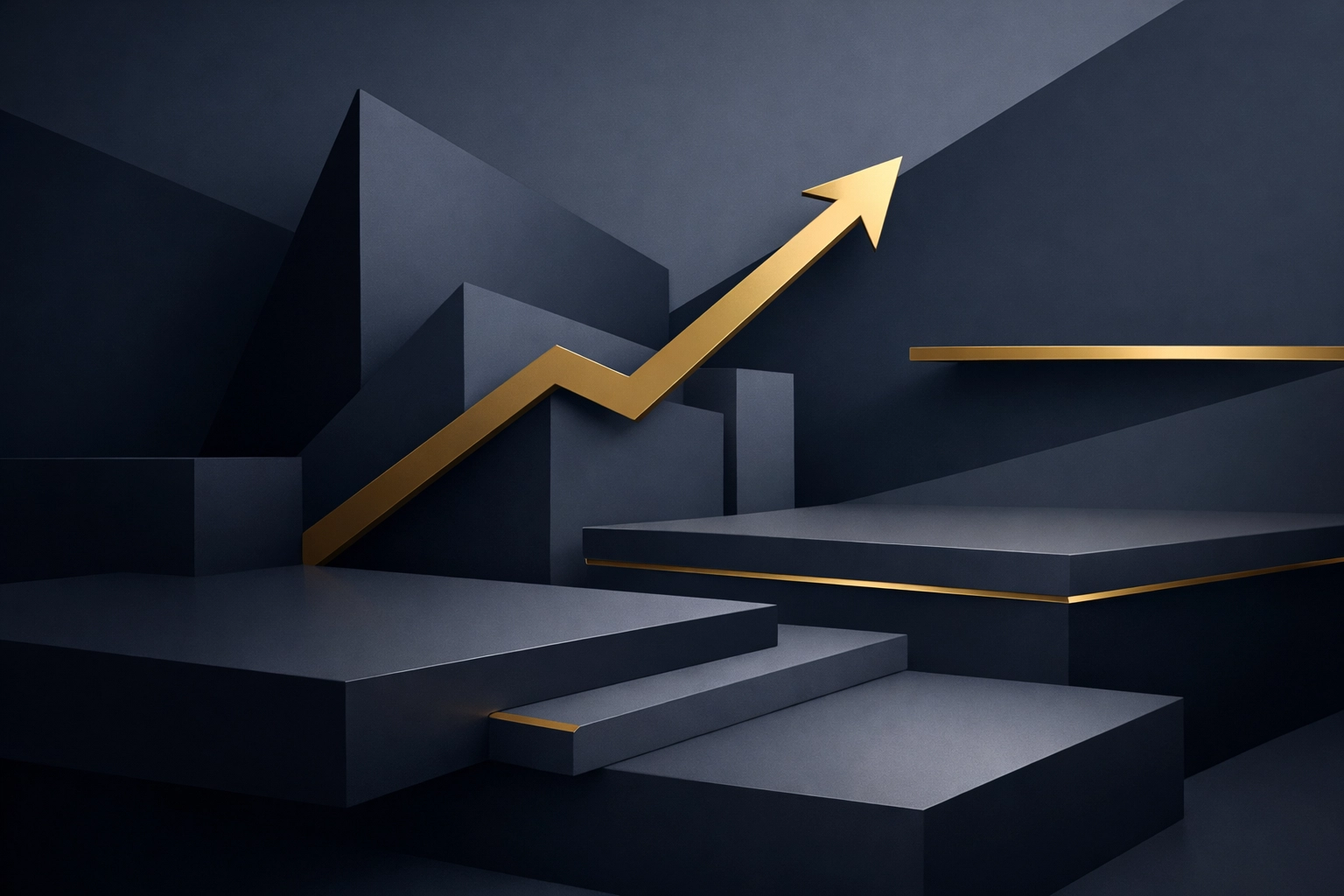 Minimalist architectural abstract visual with layered geometric forms and a refined investment banking aesthetic in navy, slate, and gold.