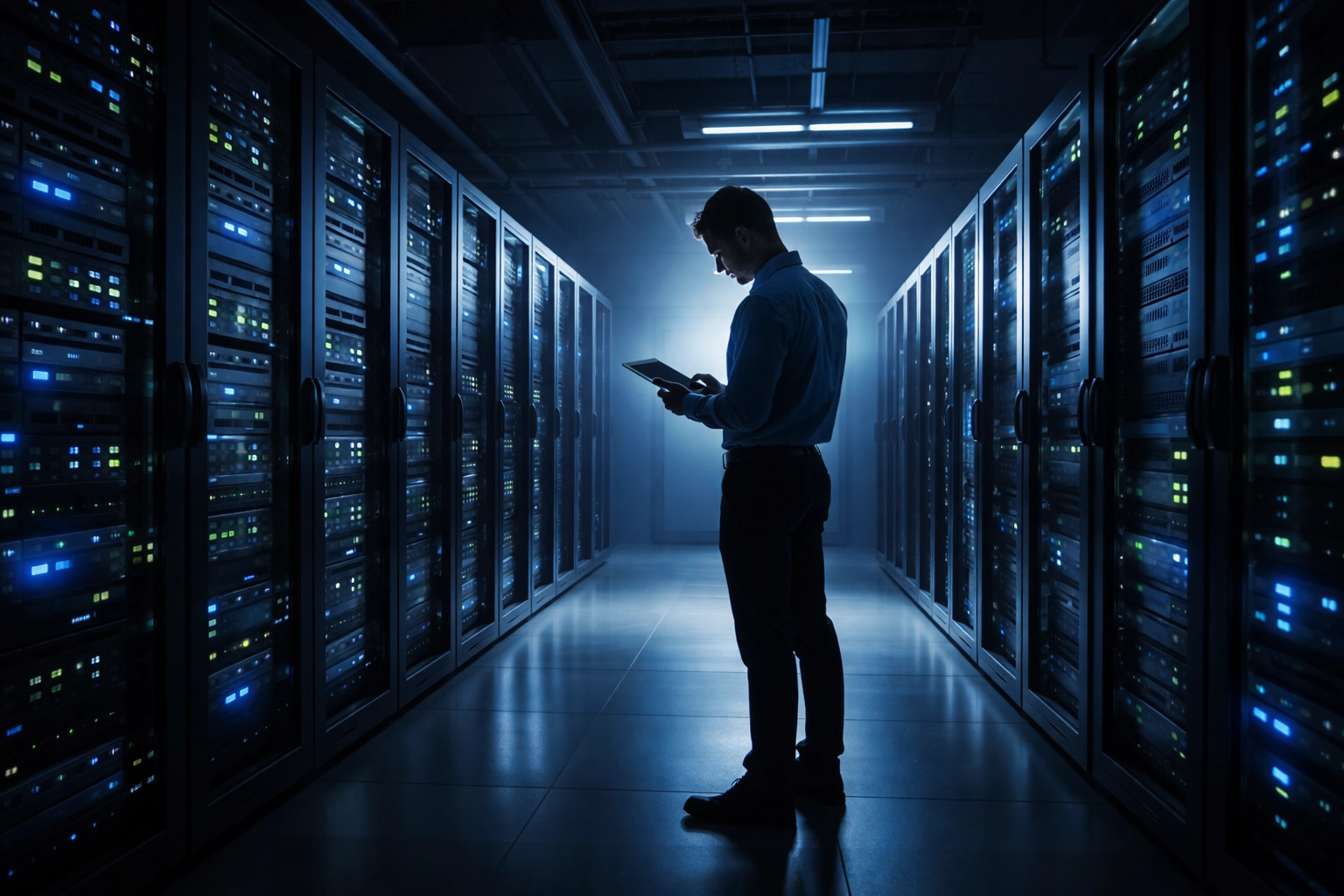 IT professional monitoring server room, highlighting network security infrastructure for small businesses