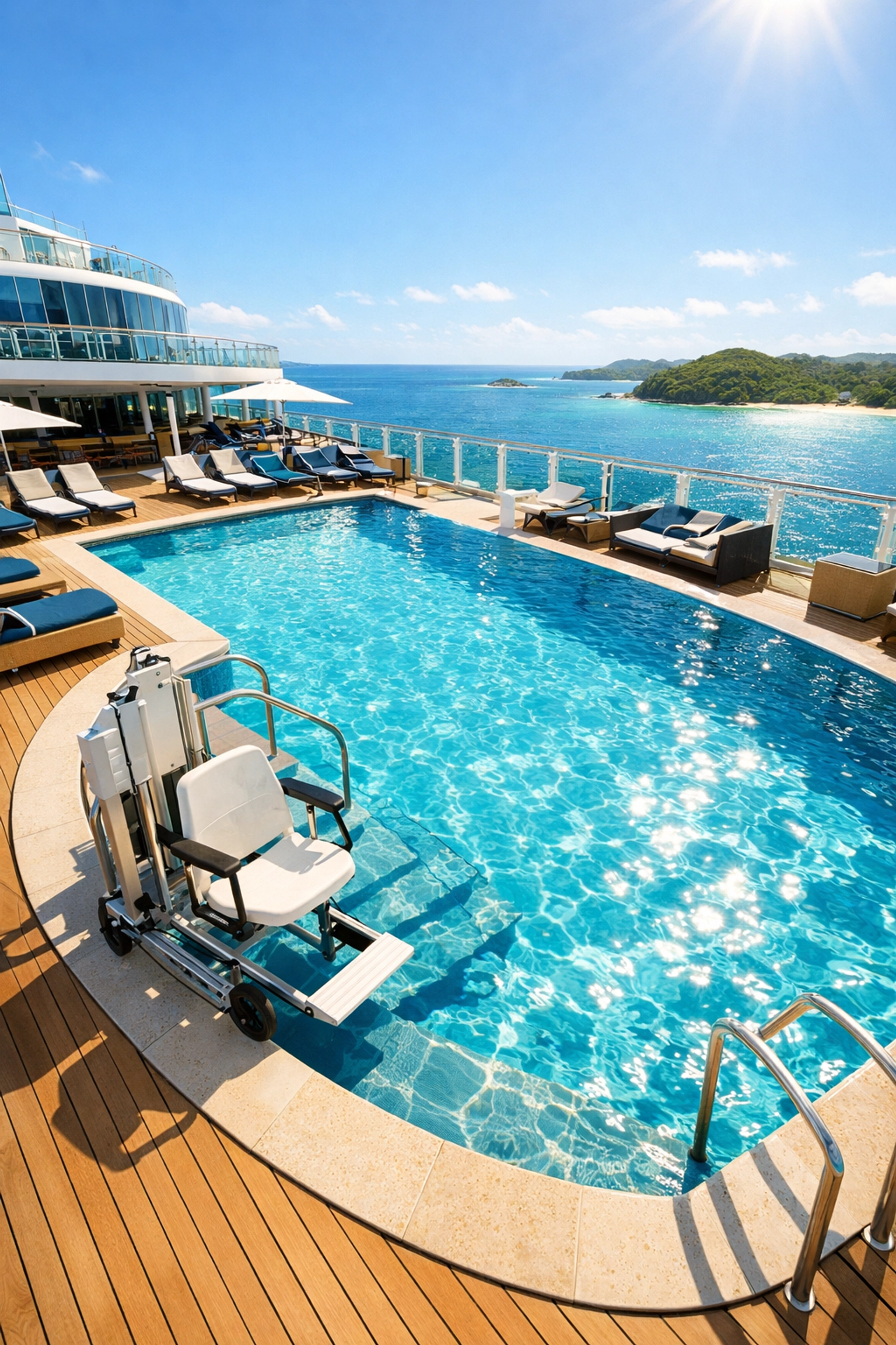 Accessible cruise ship pool with wheelchair lift and spacious deck for travelers