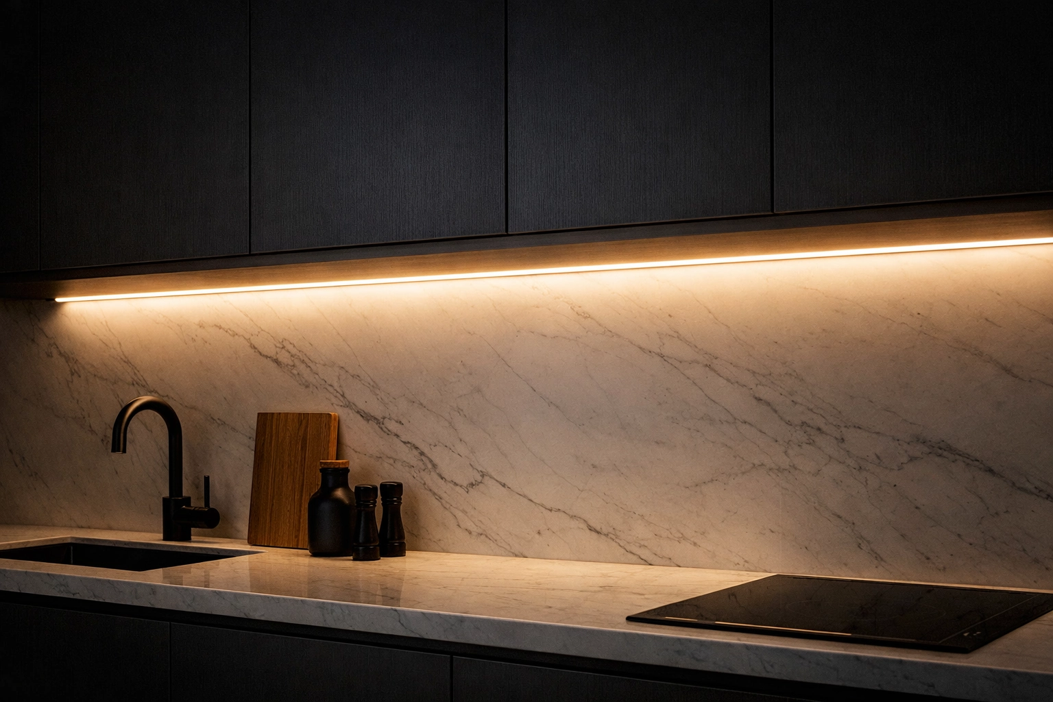 Continuous warm LED under-cabinet lighting glowing on a white marble backsplash in a modern kitchen.