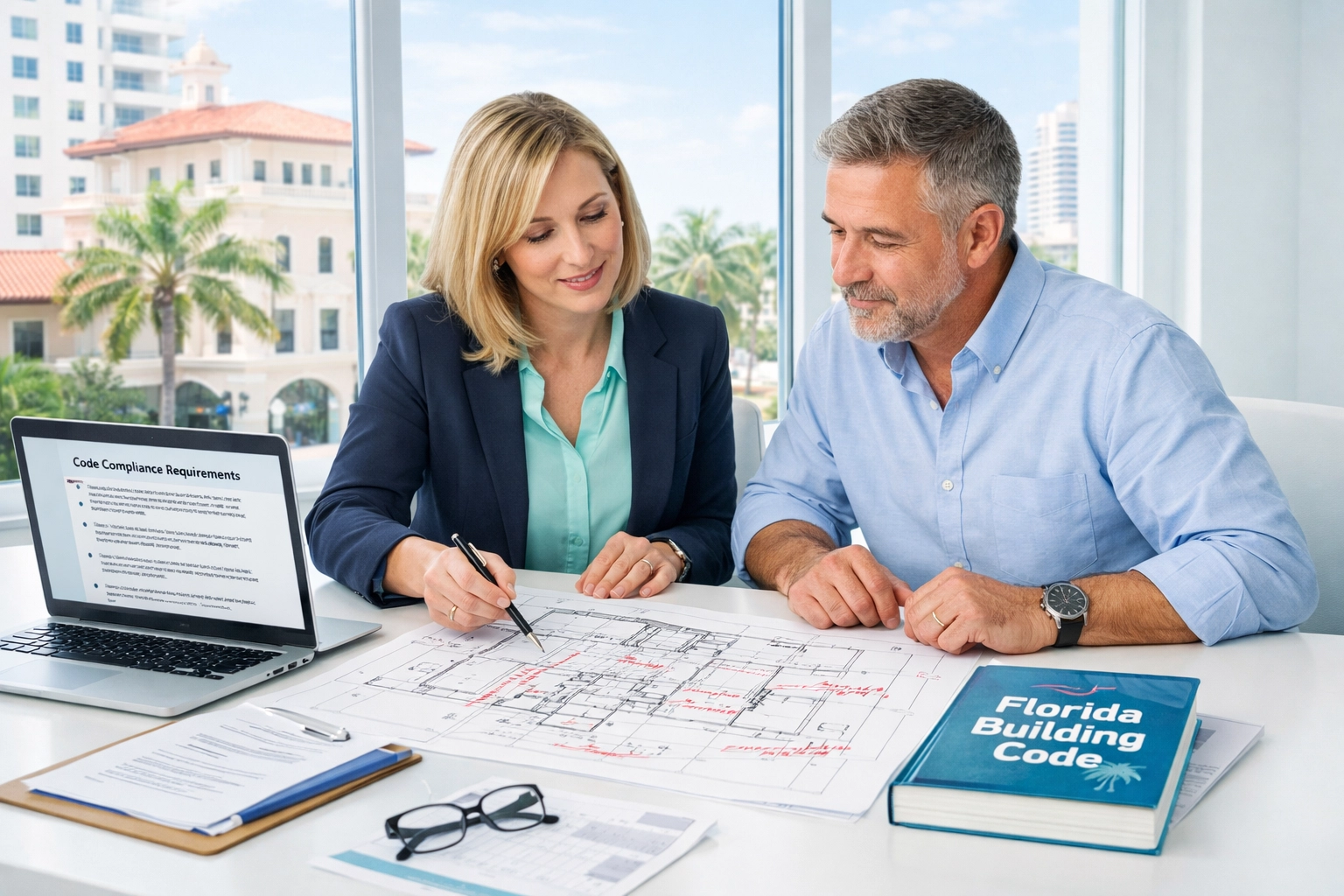 Compliance specialist reviewing building plans with property owner for Florida permit correction