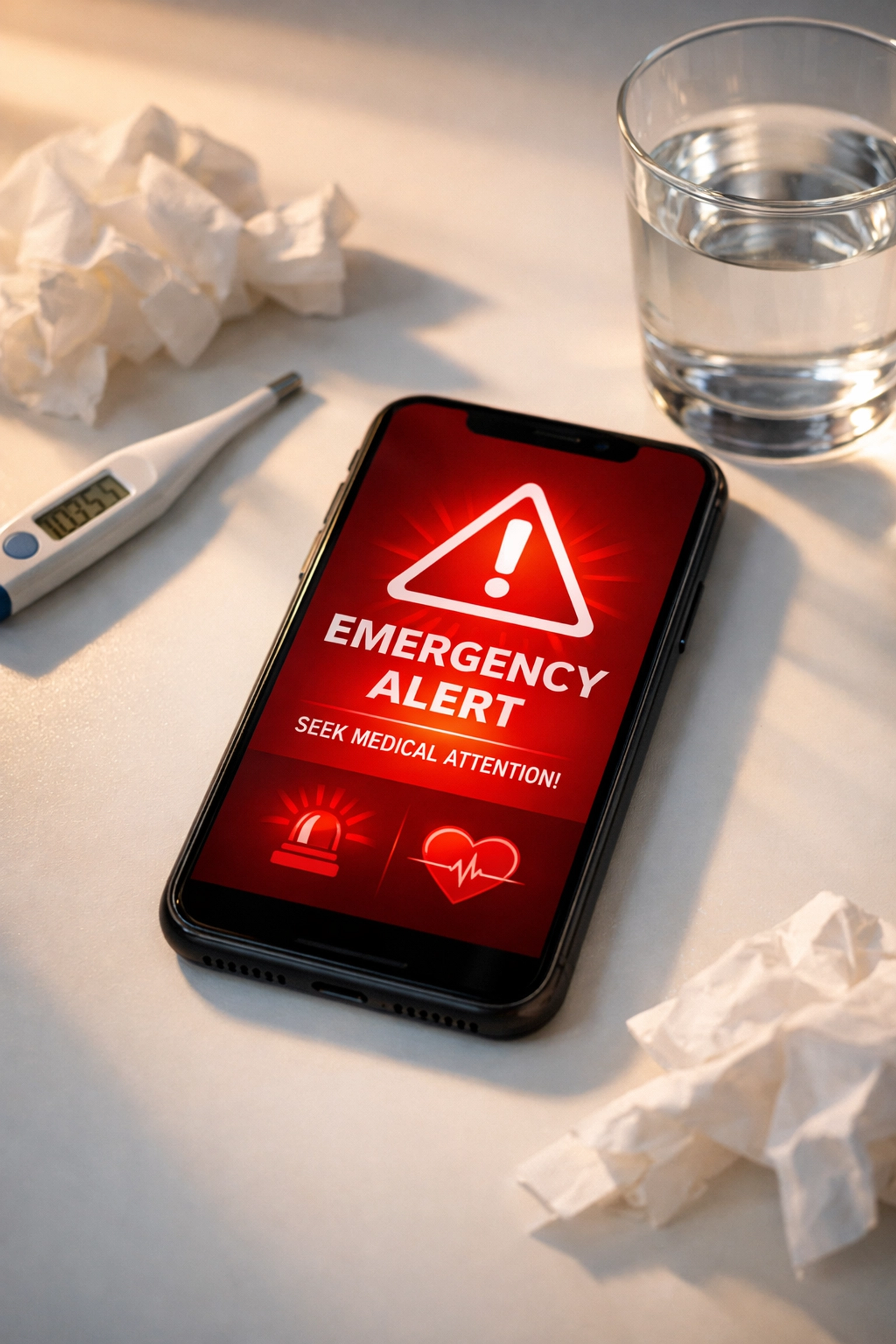 Smartphone displaying medical emergency alert with thermometer showing fever and tissues nearby
